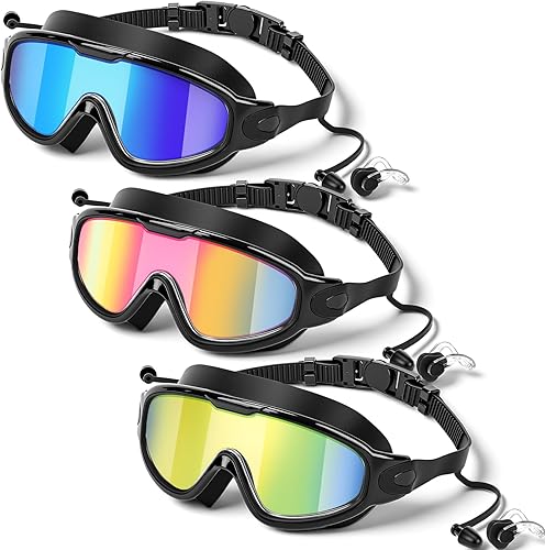 Konohan Paquete de 3 gafas de natación para adultos, gafas anchas sin fugas, antiniebla, con clips para la nariz, tapones para los oídos