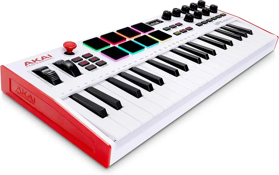 Akai MPK Mini Plus – Teclado Controlador MIDI USB 37 Teclas Mini, 8 Pads MPC, Sequenciador, MIDI/CV/Gate, Software de Produção e Sons Native Instruments – Edição Limitada Branca