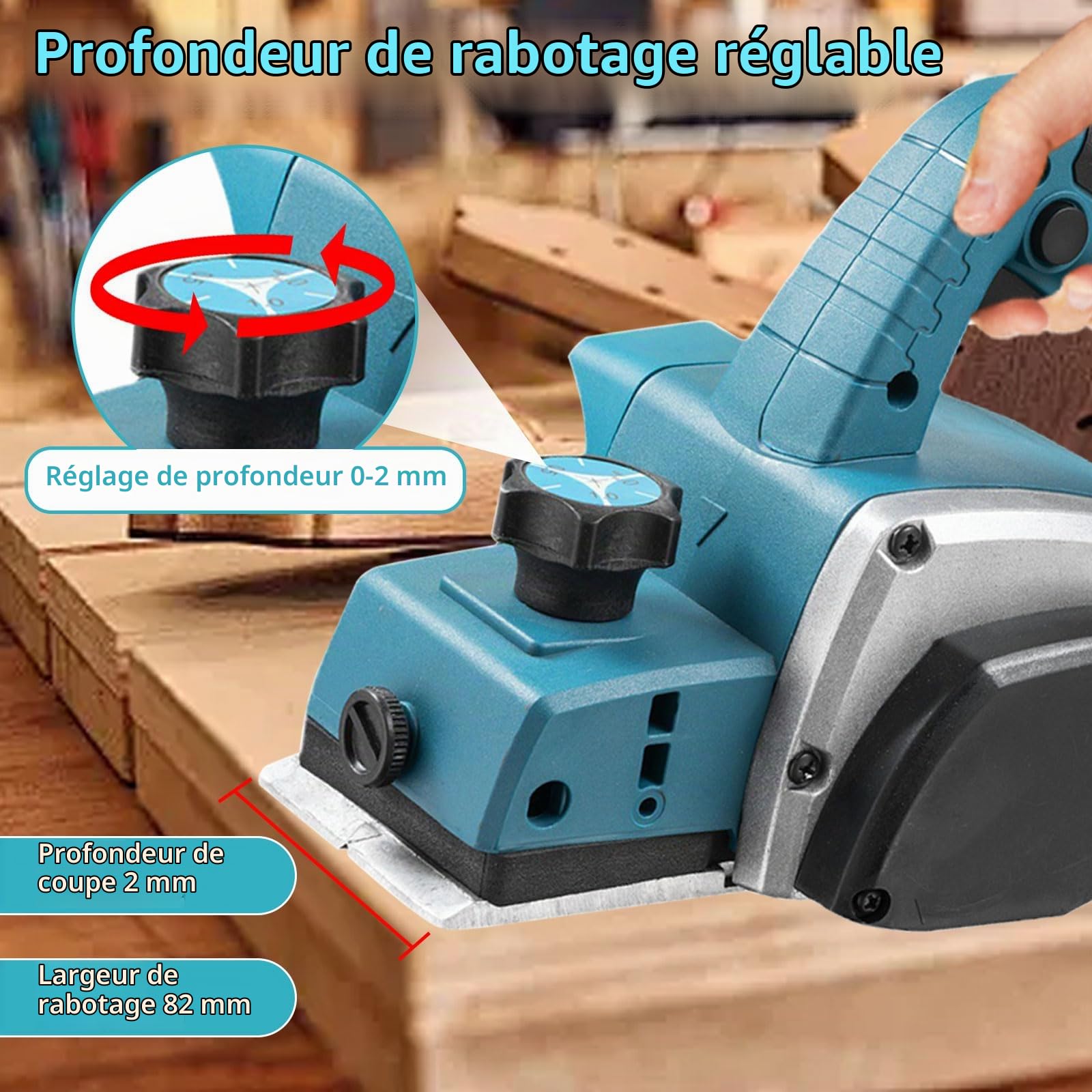 Raboteuse sans fil compatible avec batterie Makita 18 V, 15 000 tr/min, rabot électrique sans balais avec 82 mm de largeur, profondeur réglable de 0 à 2 mm pour meubles de travail du bois (sans