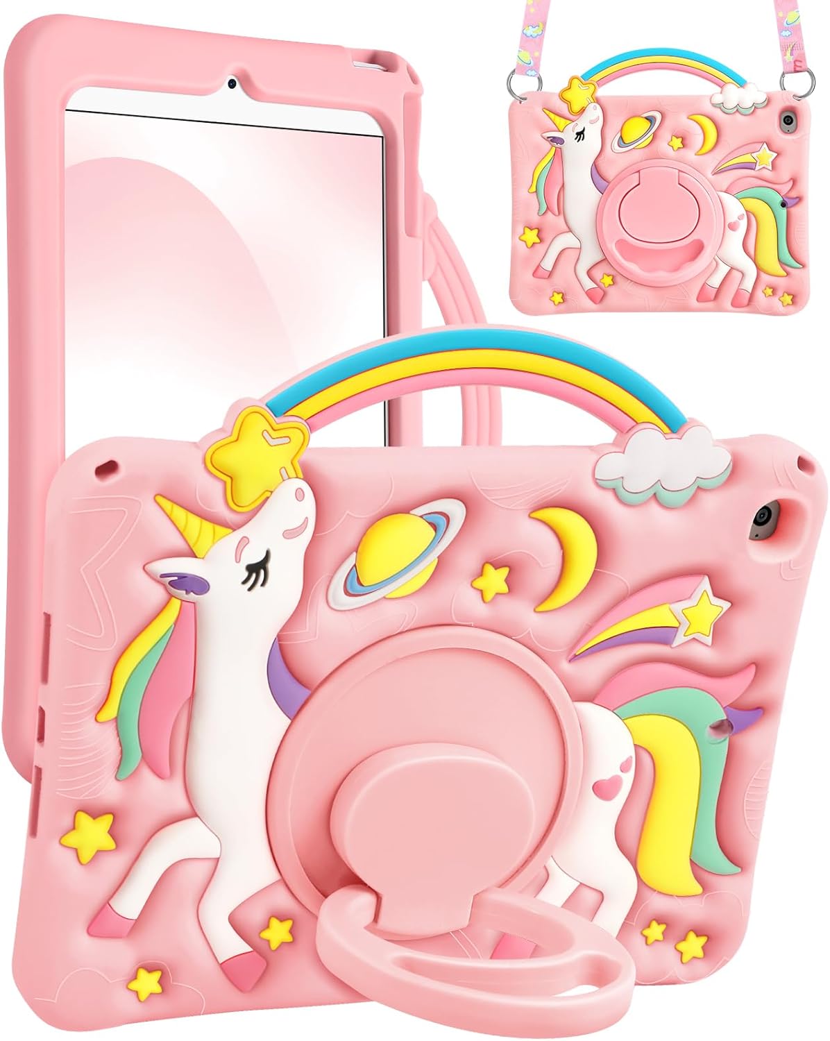 Boaretiu for iPad A16 Case/10th Generation Case - Girls Teens Cute Cartoon Rainbow Unicorn 10.9 Inch 2022 Tablet Cover with Strap & Rotating Stand Soft 3D Silicone Funda for iPad 11th 11 Inch 2025