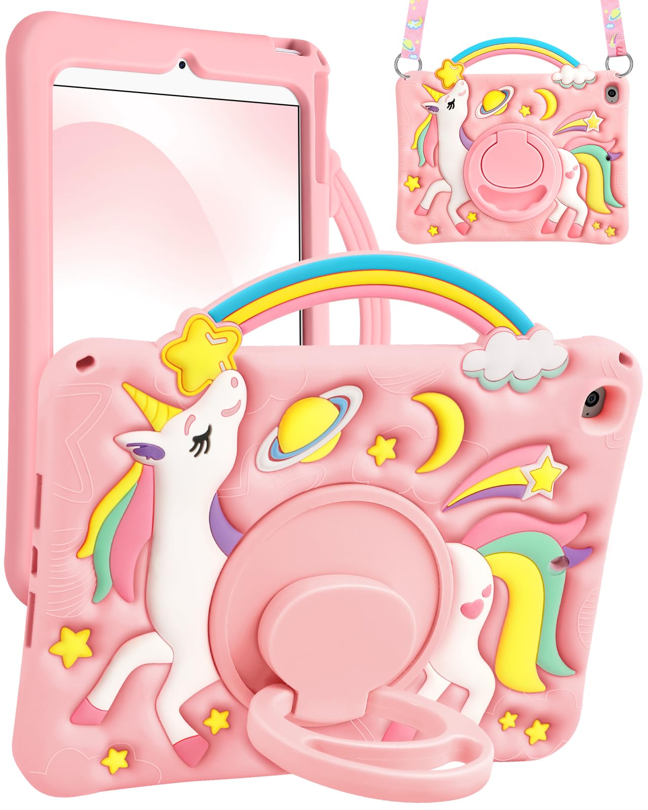 Boaretiu for iPad mini 5th/4th Generation Case 7.9 Inch 2019/2015 - Cute Cartoon Unicorn Soft 3D Silicone Case with Strap & Rotating Stand for Girls