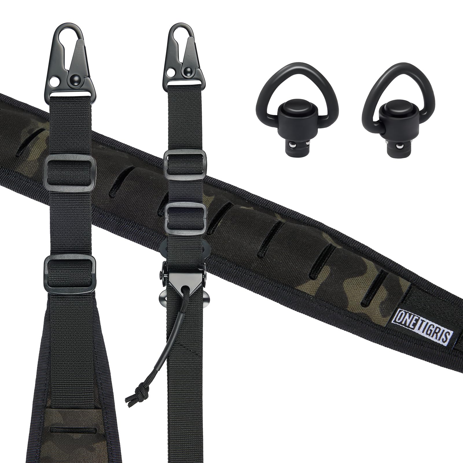 OneTigris Correa de Rifle de 2 Puntos, 2,5 cm de Ancho con Mosquetones Intercambiables Estilo HK, Ajustable 56-70 Pulgadas, Negro