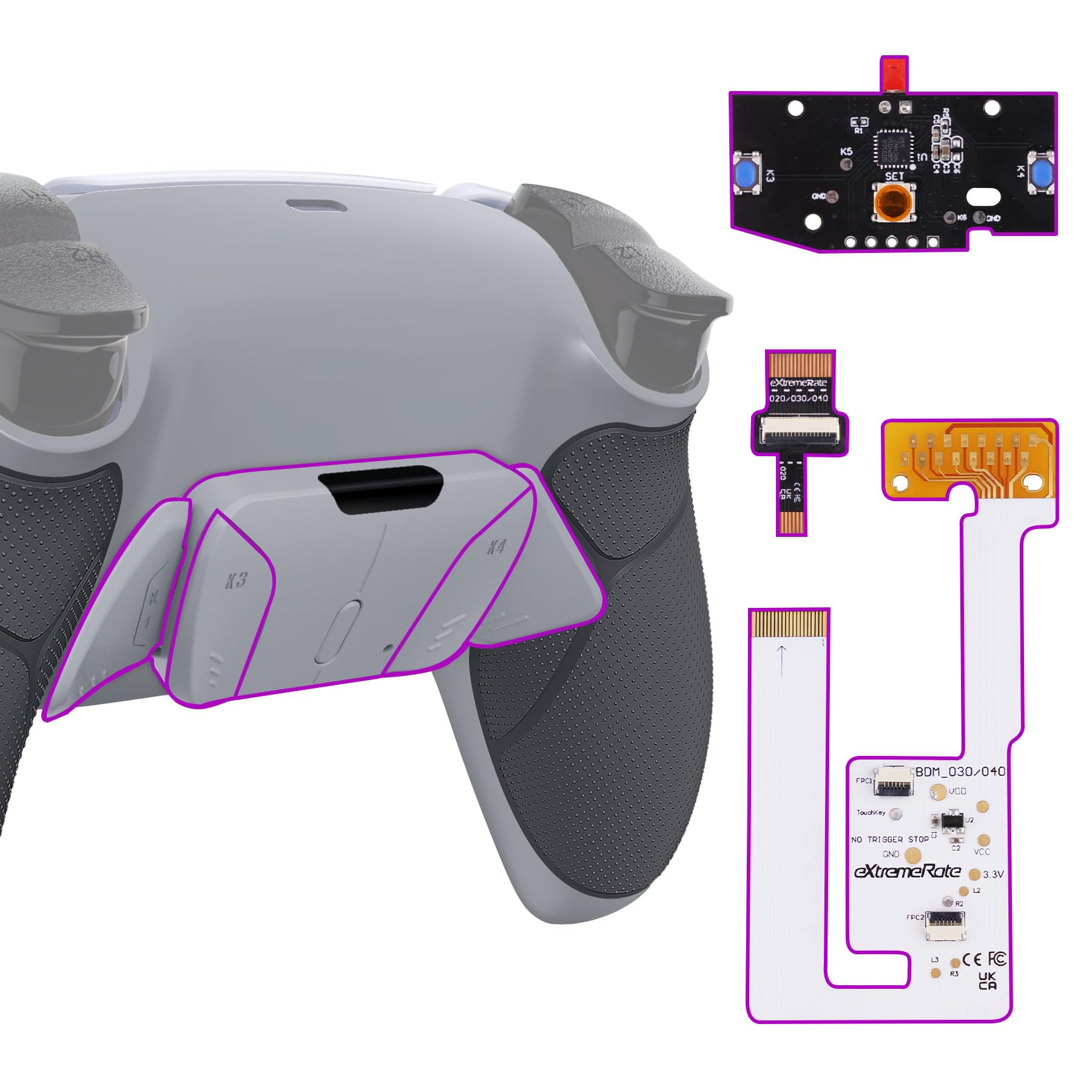eXtremeRate RISE4 V3 Remap Kit Programmabile per ps5 Controller BDM-030/040/050,4 Tasti Aggiuntivi Palette Back Button Cover Posteriore Grip Gommato per ps5 Joystick-Senza Controller-Grigio Classico