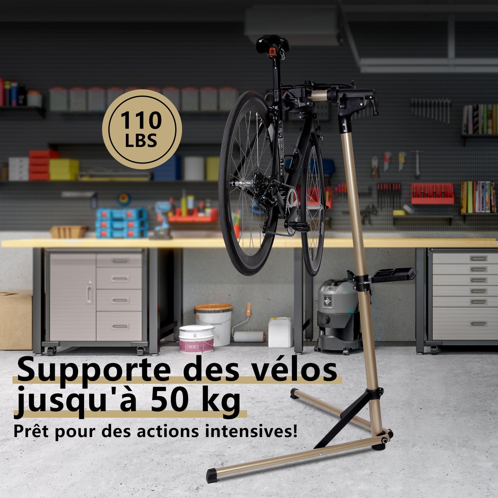 Urban Deco Support de réparation de vélo Support de vélo en aluminium pour l'entretien, capacité de 30,8 kg, réglable en hauteur, pince rotative à 360°, plateau à outils inclus