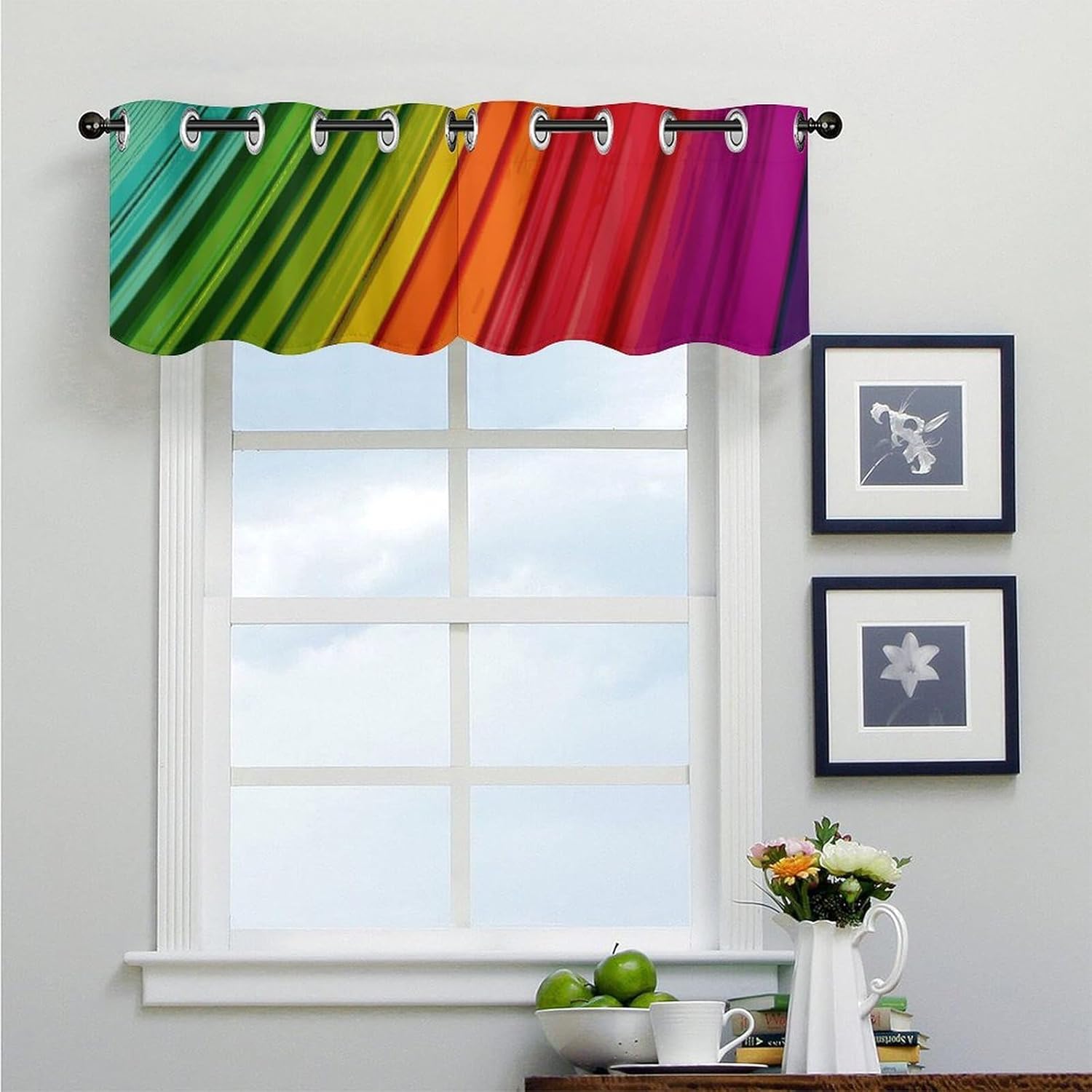 Rainbow Color Stripe Valances for Window 2 Panels. Light Filtering Curtains Farmhouse Short Small Valance.Modern Curtains for Windows Living Room Kitchen Over Sink.