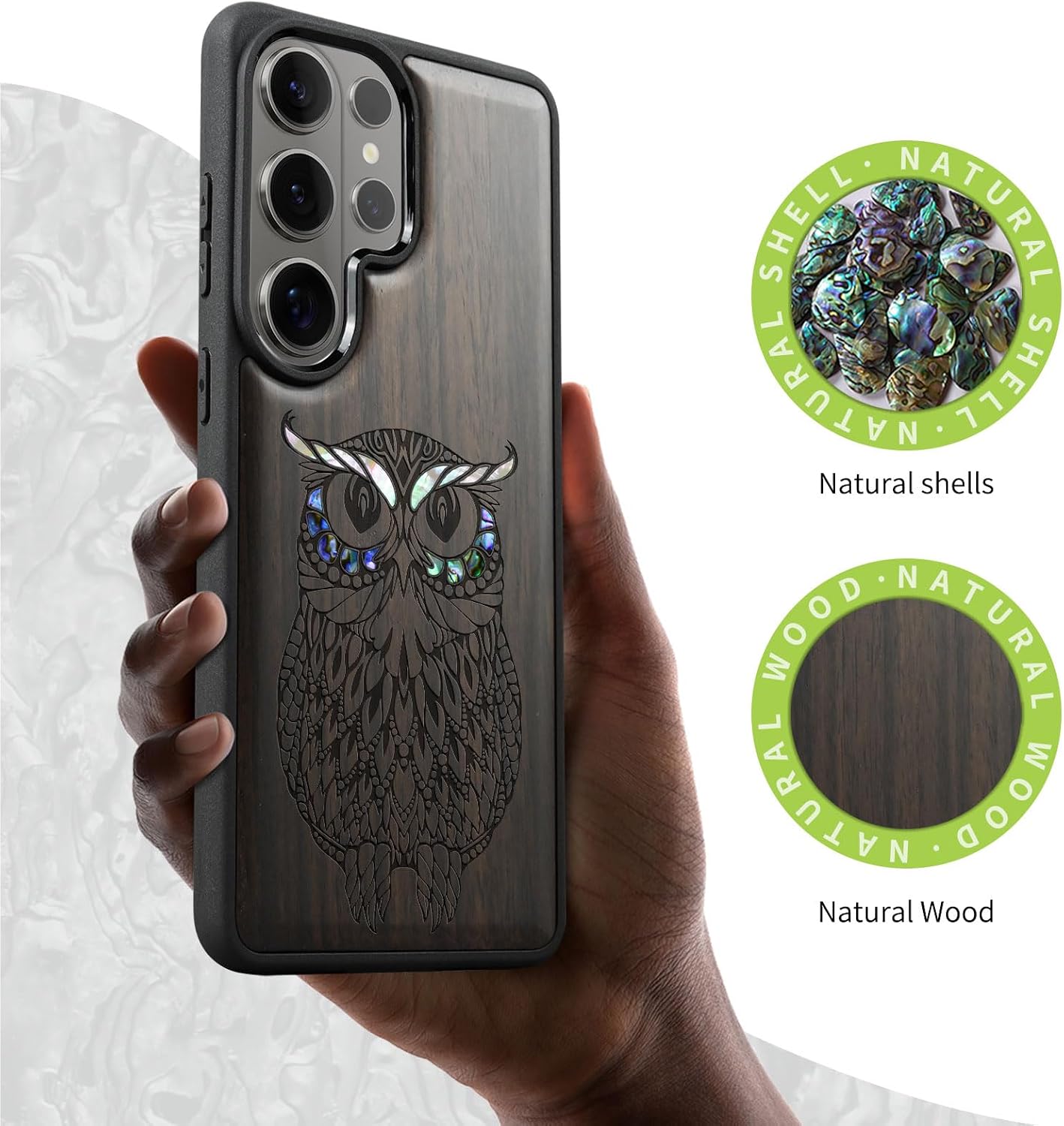 Carveit Magnetic Wooden Case for Samsung Galaxy S26 Ultra Case, Wood Artisan Engraved & Handmade Shell Inlaid, Compatible with MagSafe Wireless Chargers (The Owl Mandala) Blackwood