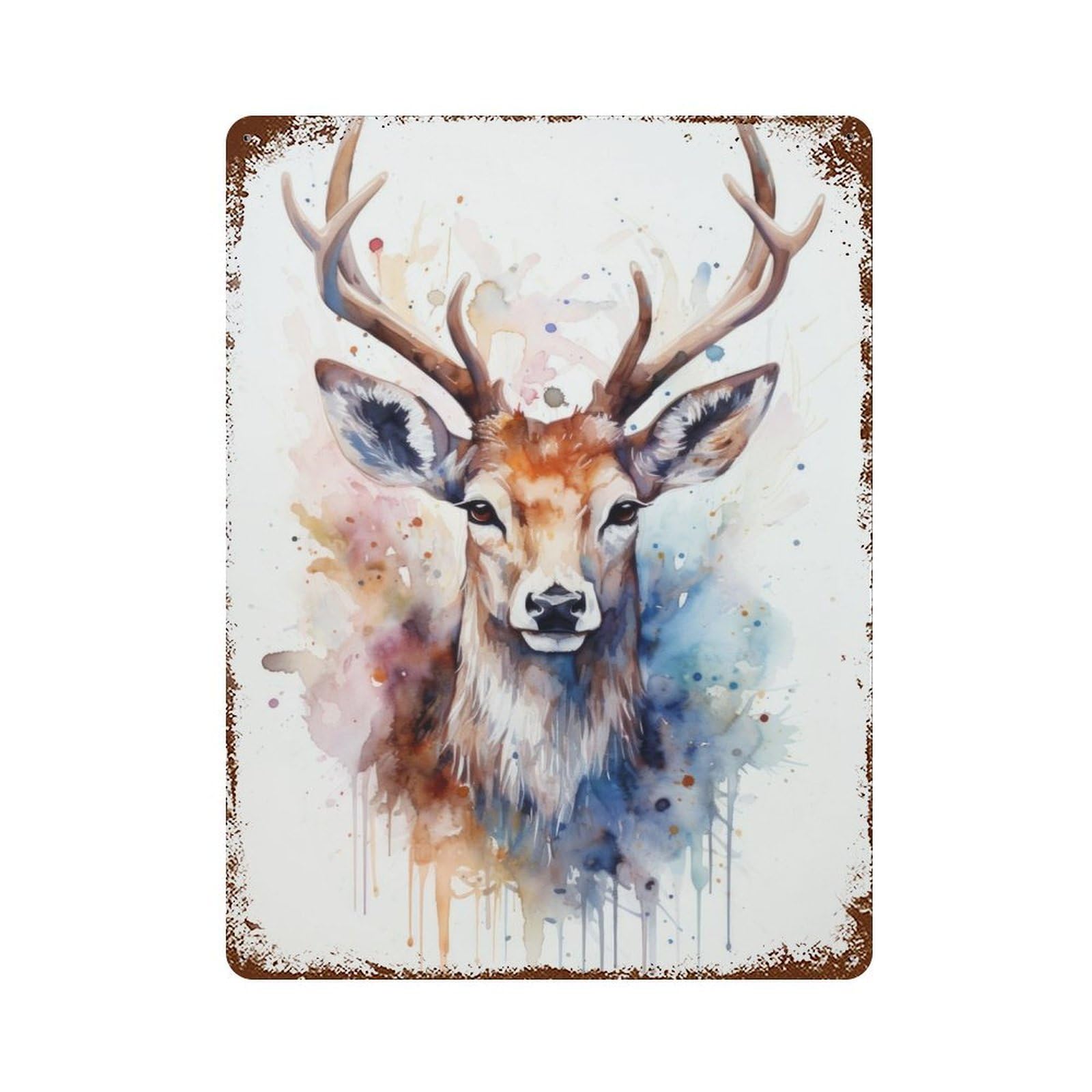 Deer Watercolor 15.7"x11.8" Distressed Metal Wall Sign, Shabby Chic Decor for Office, Studio And Wall Decor