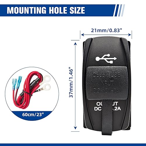 Miniatura 2 de Anina Interruptor basculante de 4.2 A, cargador USB dual con luz LED azul, puerto USB impermeable con fusible de 10 A para interruptor de palanca