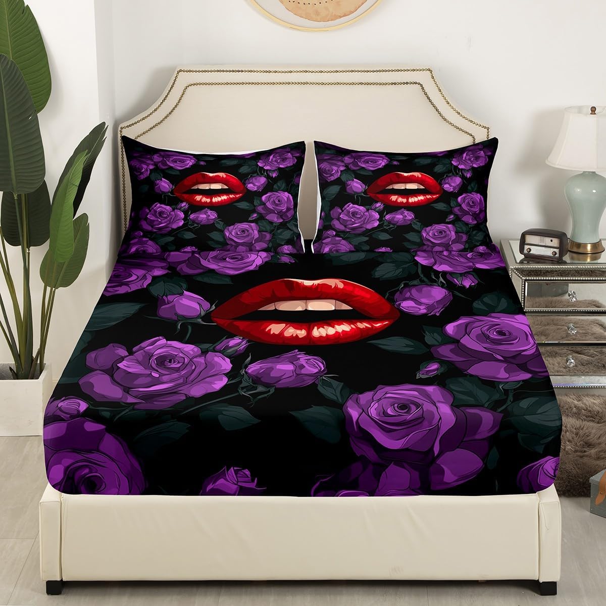 Red Lip Kids Fitted Sheet Full Size,Roses Flowers Valentine's Day Romantic Bedding Set,Girls Women Room Decor,Sexy Lipstick Mouth Kiss Bed Cover,Purple Black Bed Sheet,2 Pillowcases