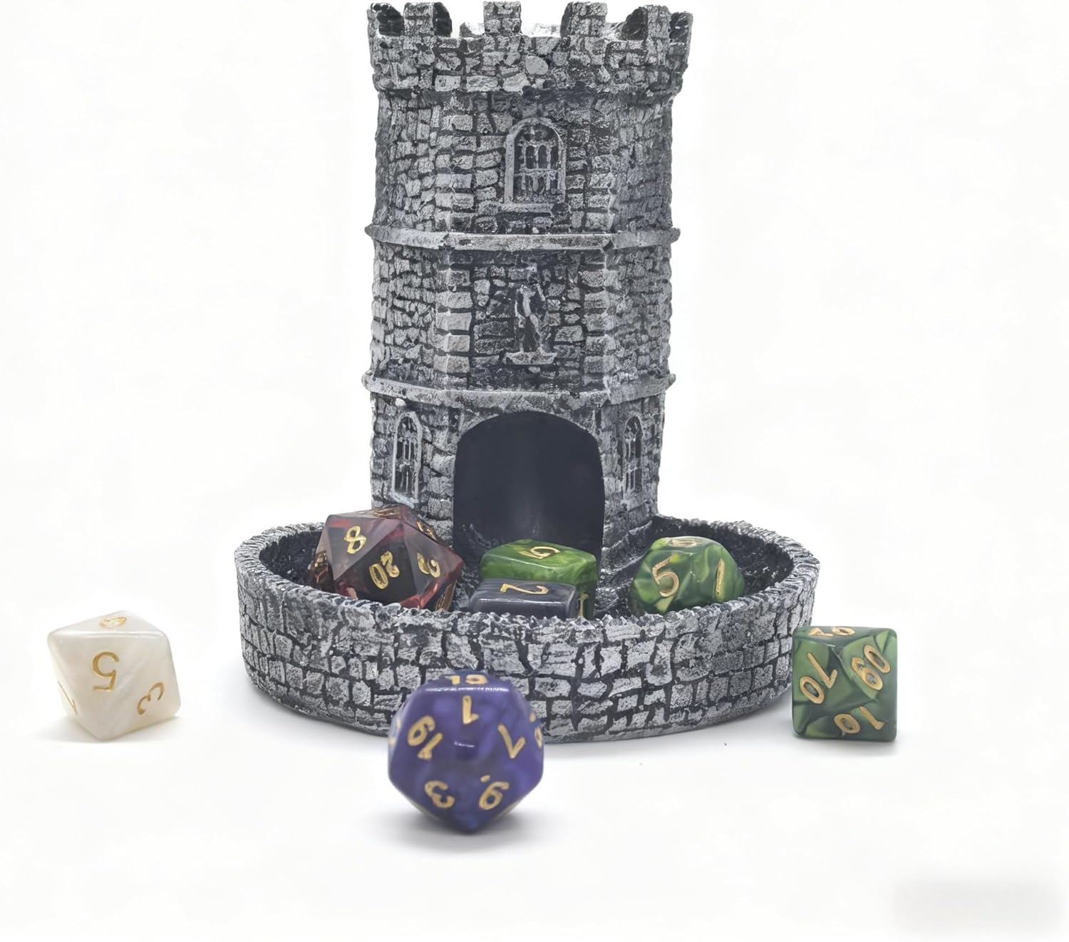 Tower Castle Retro DND Dice Rolling Tower Dice Tower Dungeons and Dragons Dice Jail D&D Accessories (Random 7PCS D20 Dice Set Included) Silver