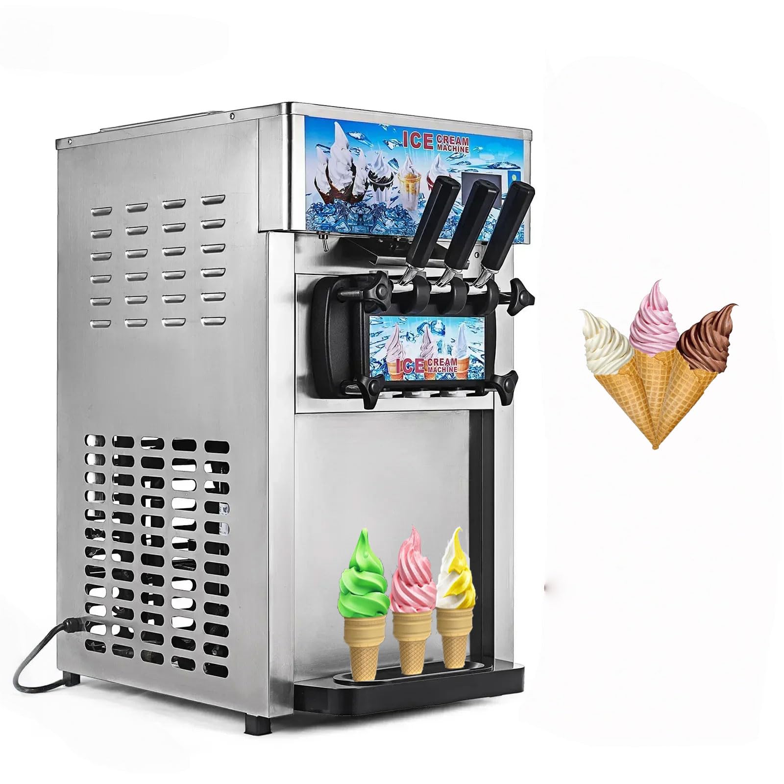 Machine à Crème Glacée Commerciale 18 L/h 1200 W 3 Saveurs, Machine à Glace Italienne Trémie 2x3 L, Crème Glacée Molle Commerciale, pour Yaourt Café Snack-Bar Restaurant Supermarché
