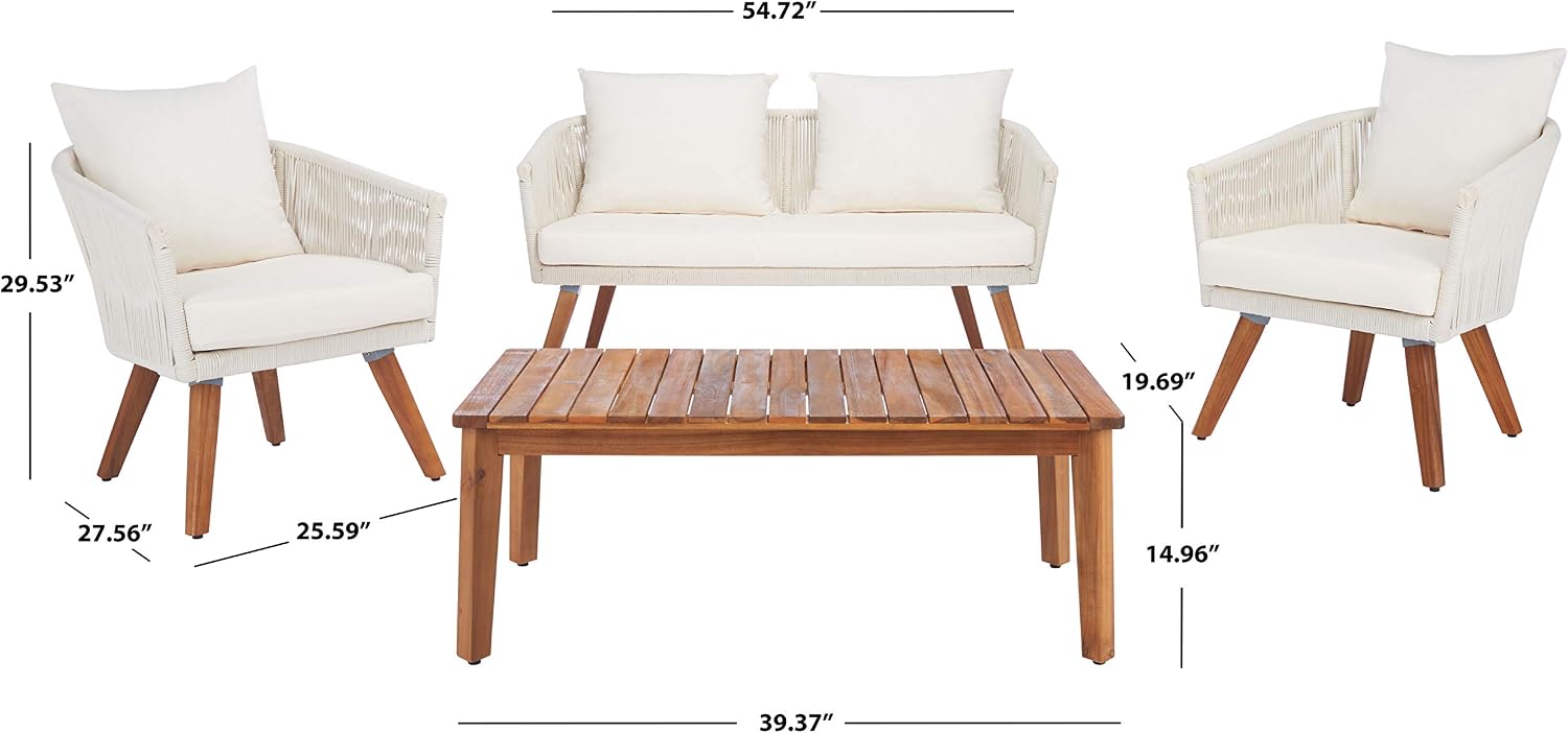 SAFAVIEH Outdoor Collection Velso Beige/Beige/Natural Solid Wood 4-Piece Conversation Patio Set