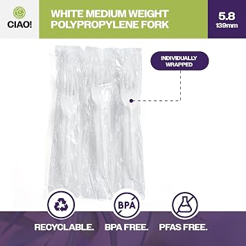 CIAO! 5.8 Medium Weight Disposable White Fork Polypropylene Individually Wrapped (Case of 1,000)