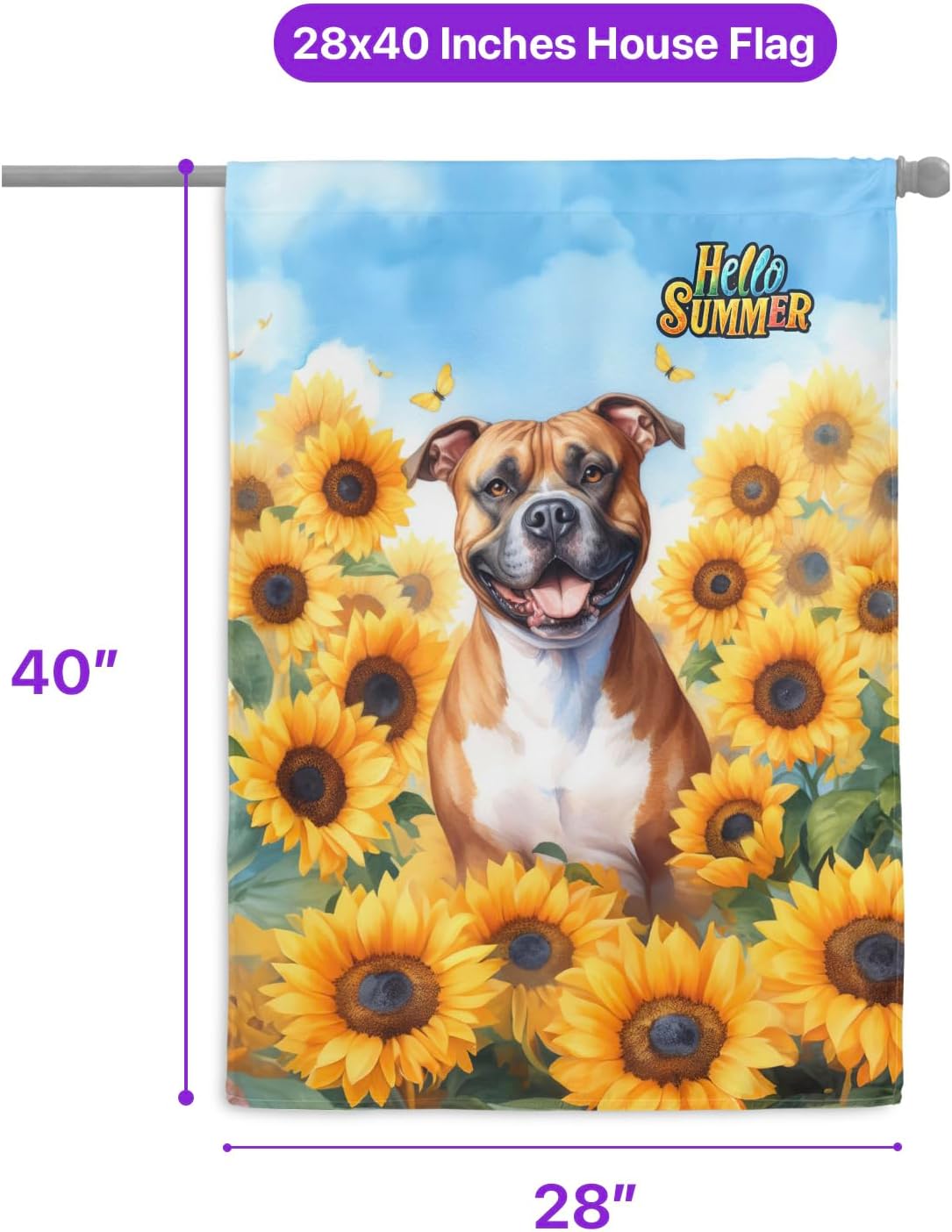 Pitbull Hello Summer Sunshine Sunflowers Spring Retro Vintage House Flag 28x40in Double Sided American Pit Bull Terrier Dog Lover Gifts Idea Outdoor Decor - 008