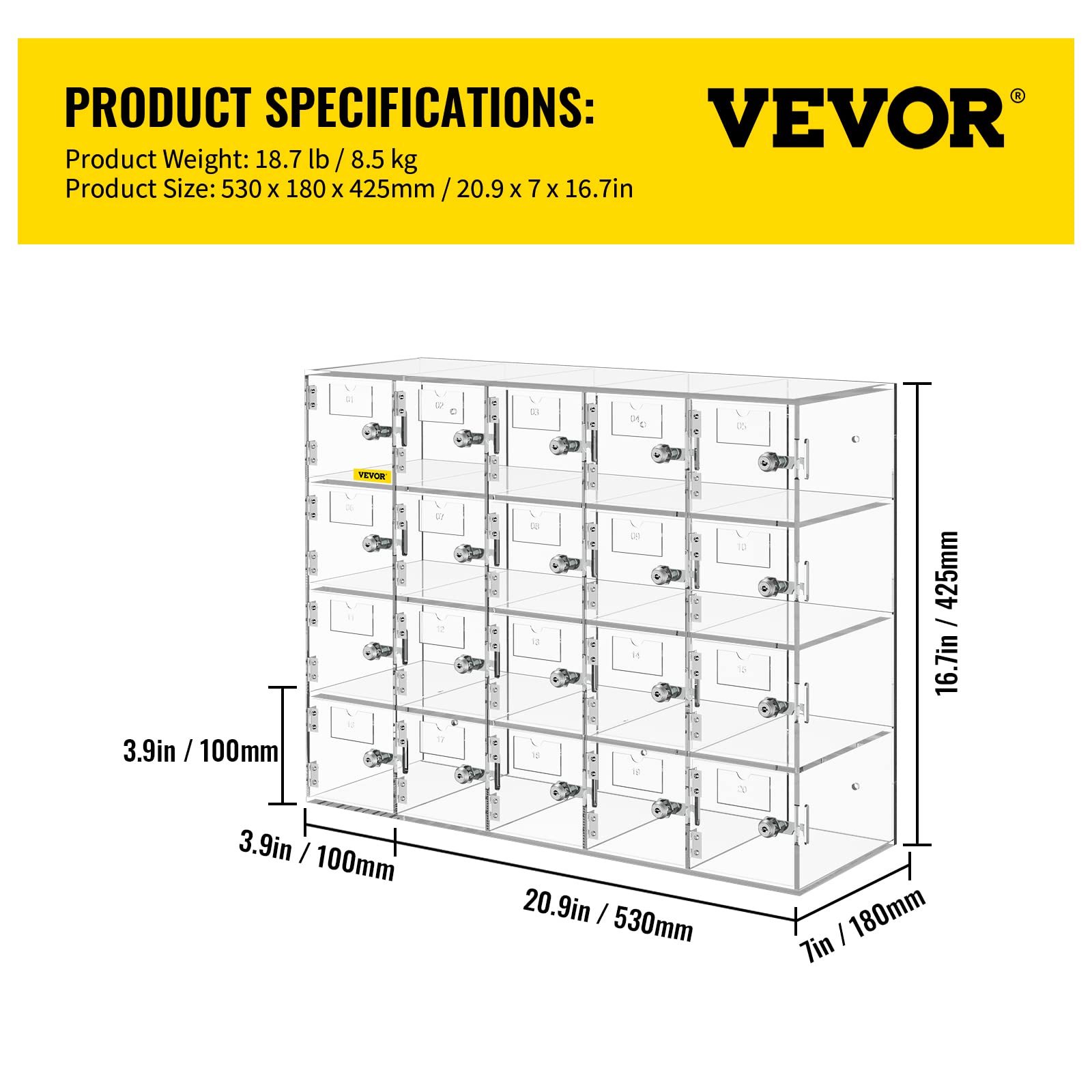 VEVOR Casier de Rangement pour Téléphone Portable 20 Emplacements Cabine Verrouillable pour Téléphone en Acrylique 53x18x42,5 cm Armoire de Rangement pour Téléphone avec Clés Salle de Réunion Classe