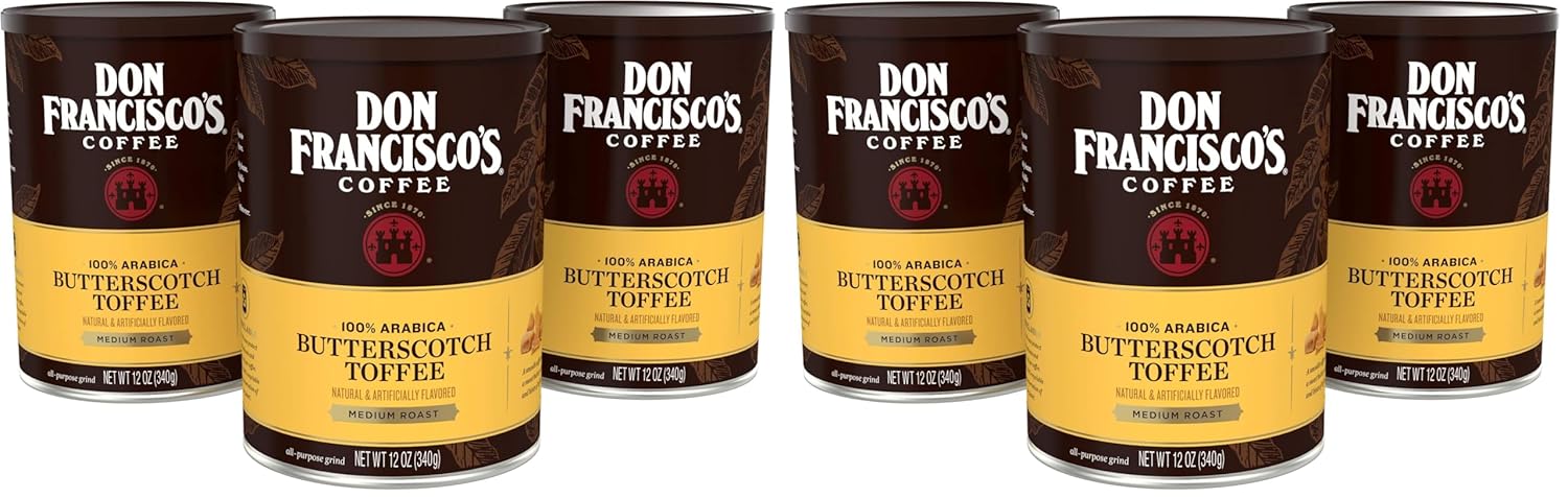 Don Francisco's Butterscotch Toffee Ground Flavored Coffee: Rich 100% Arabica Beans with Sweet Buttery Aroma - Family-Crafted for Delightful Mornings (12 oz Cans),(Pack of 6)