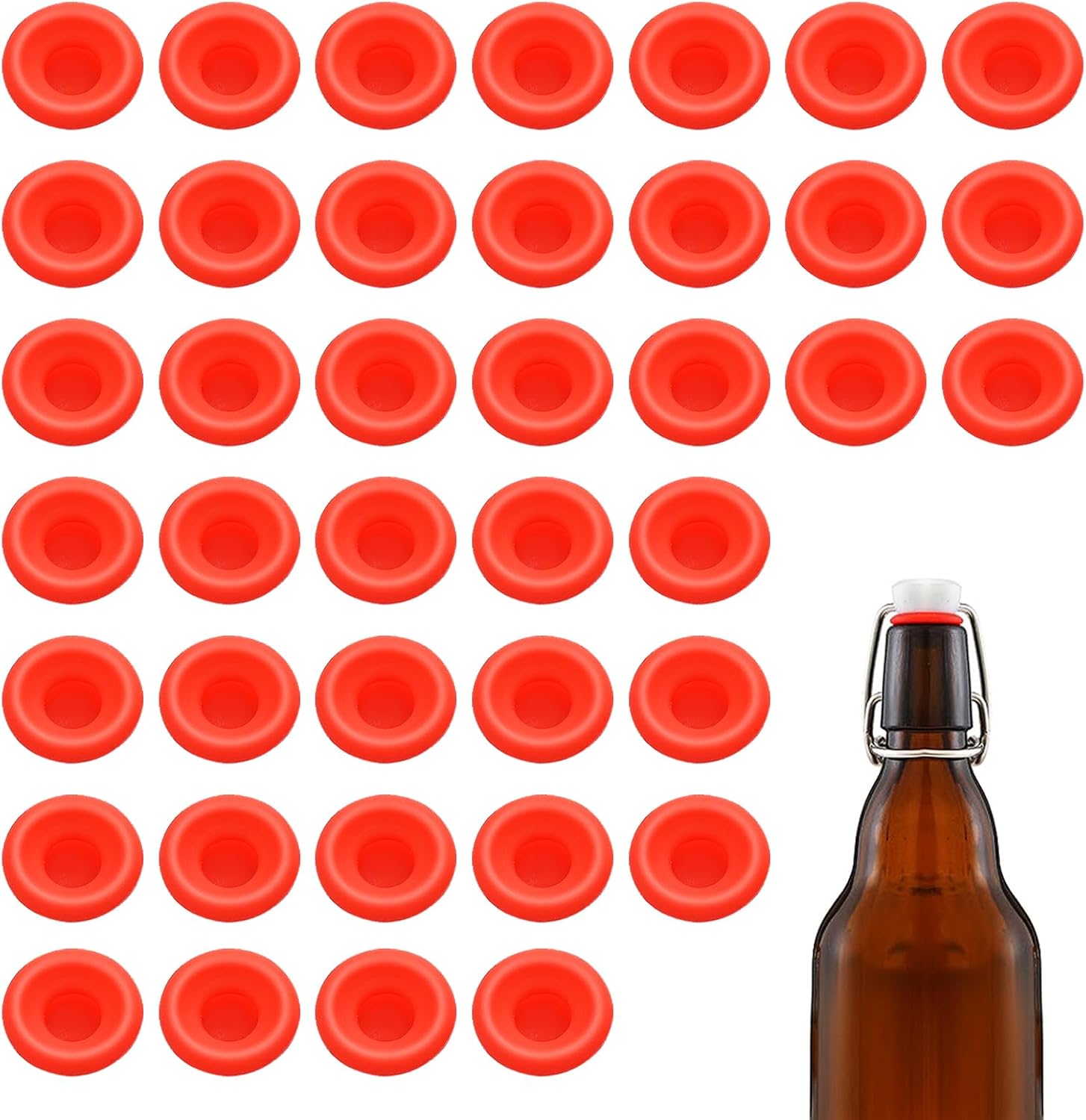 40 PCS Silicone Gaskets Washers Seals for Swing Flip Top Bottles, Replacement Caps Sealing Rings, Airtight Leakproof for Home Brew Beer, Soda, Beverage Bottles (Red O Flat Washer)