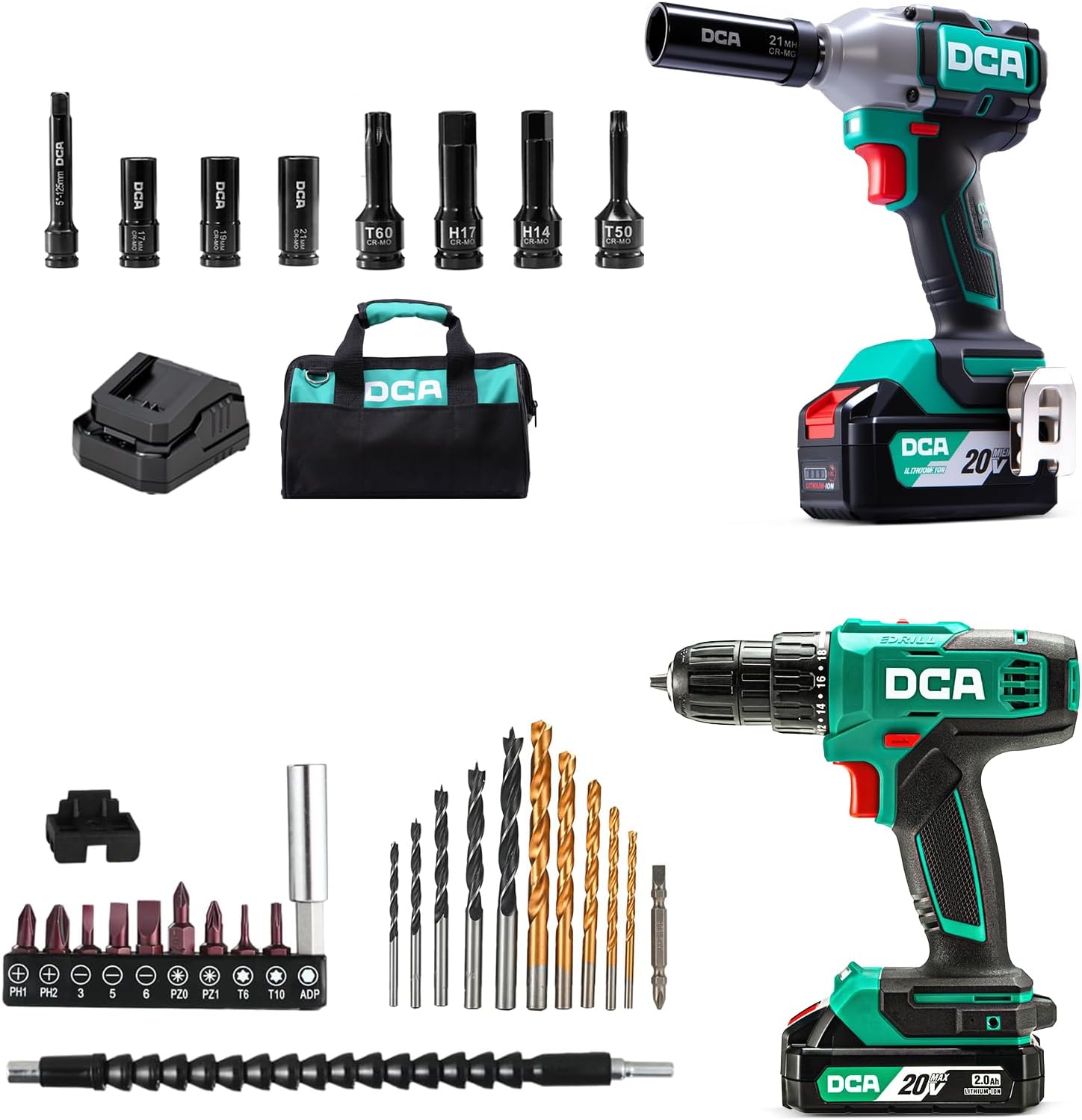 DCA 20V Cordless Drill Set, 354 in-lbs Torque & Brushless Impact Wrench 235 Ft-lbs High Torque, 1/2 Inch Hog Ring Cordless Impact Gun