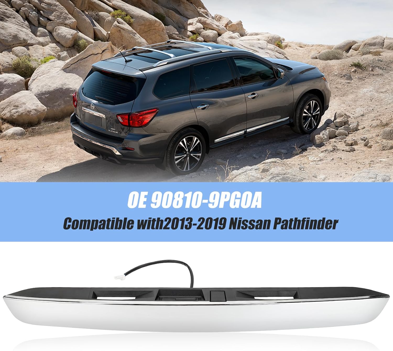 3mirrors 90810-9PG0A Rear Tailgate Chrome Handle Garnish Finisher Molding Compatible with 2013-2019 Nissan Pathfinder Replaces #90810-3KA0A Tailgate Trim Lid Trunk Liftgate Pull Handle