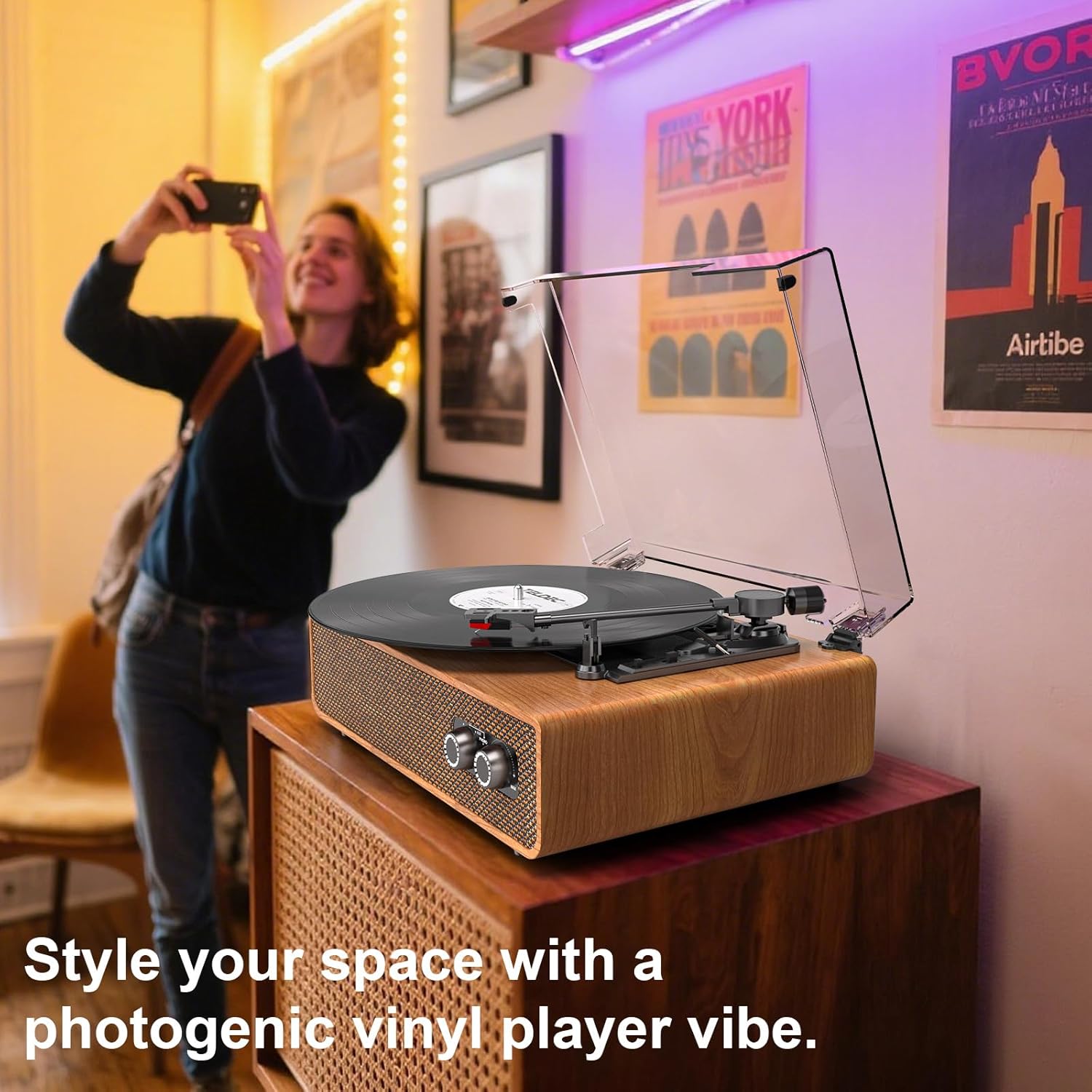 Vinyl Record Player Vintage 3 Speed Turntable Bluetooth with Upgraded Speakers, Adjustable Counterweight, Vinyl LP Player with Enhanced Sound, Aux-in & RCA Output,Light Wood - Image 6