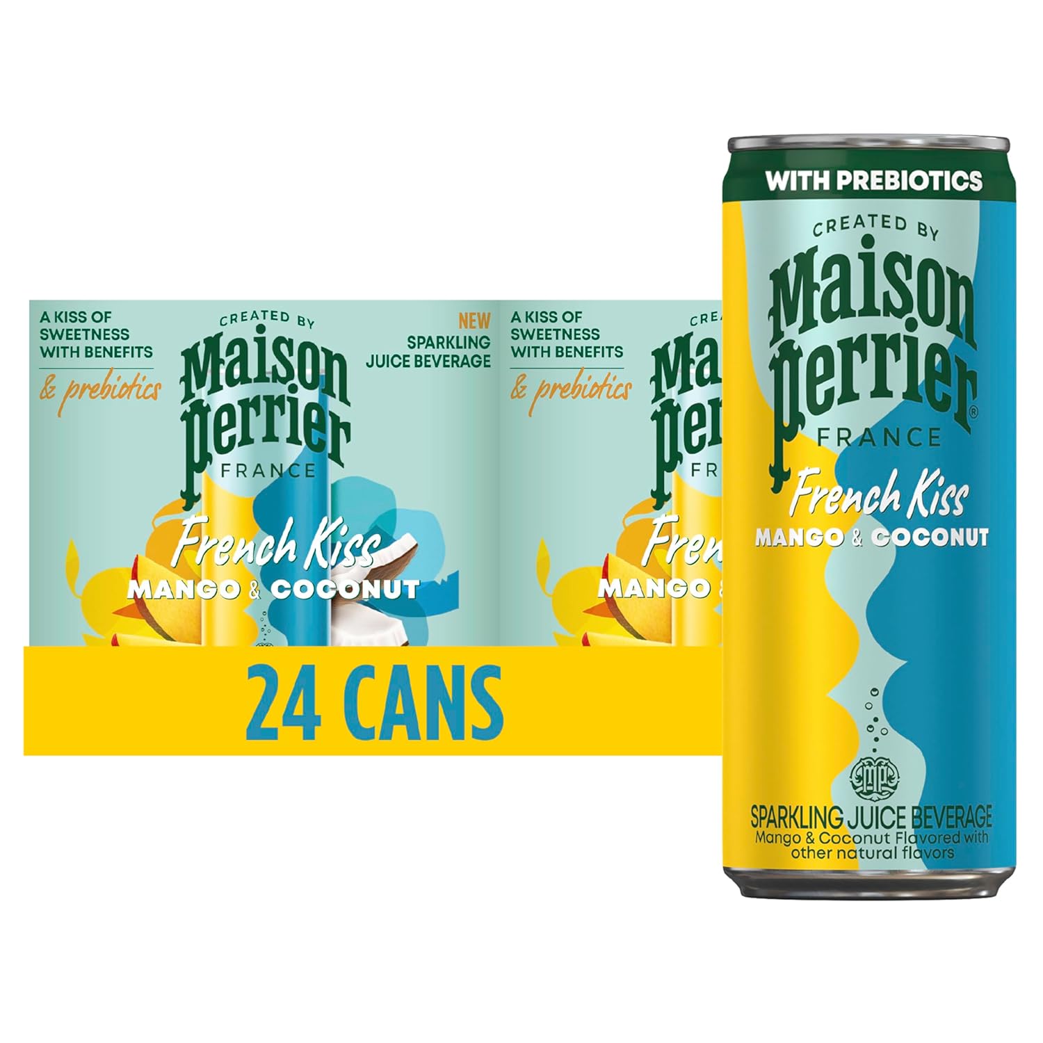 Maison Perrier French Kiss Sweetened Sparkling Juice Beverage, Mango & Coconut Flavors With Real Fruit Juices, 24Pk