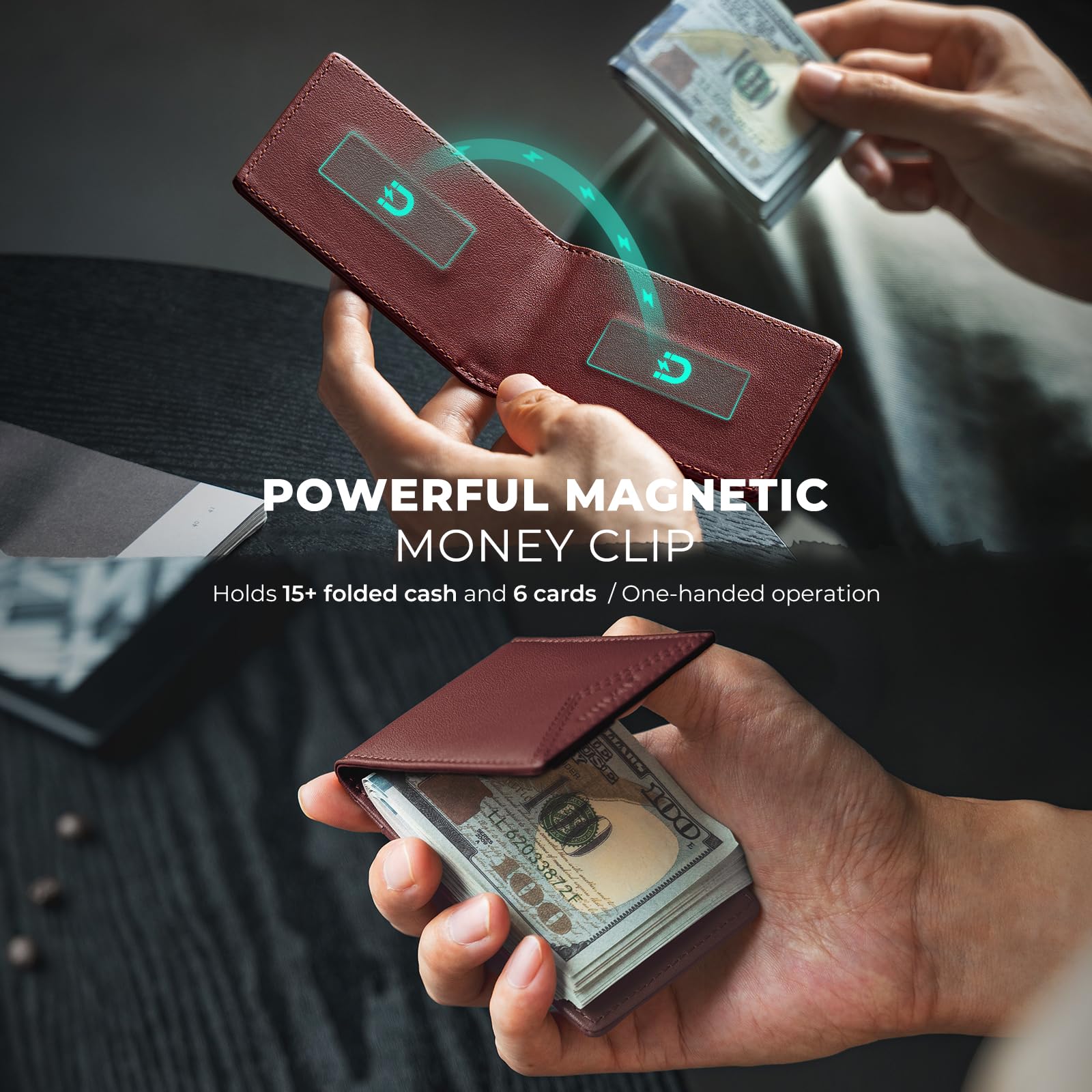 VULKIT Portafoglio sottile con fermasoldi, sottile, porta carte di credito e tasca frontale, stile minimalista, da uomo, in pelle con clip magnetica per banconote, può contenere contanti e carte