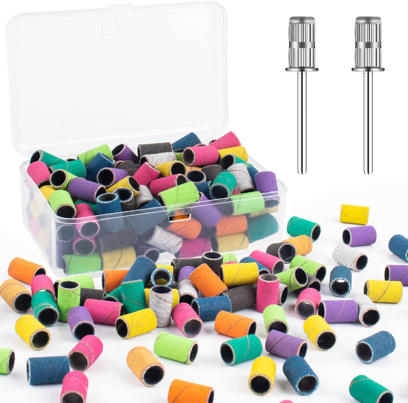 Rolybag Sanding Bands for Nail Drill Professional Nail Sand Bands Colorful Bright Set with Storage Box Include 100 Sand Bands 240# and 2 bits for Size 3/32" Nail Drill Machine(240-C)