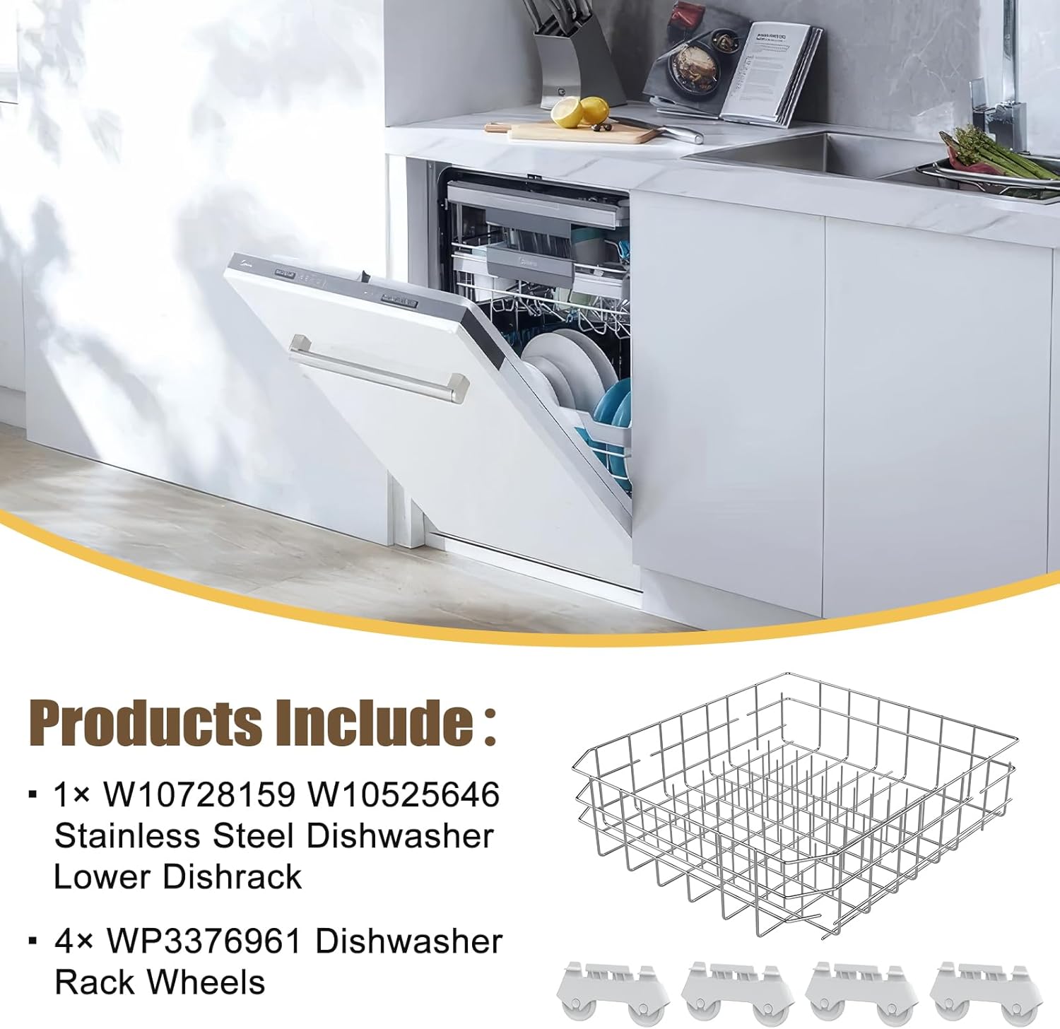 UPGRADED 304 Stainless Steel W10728159 W10525646 Dishwasher Bottom Rack Replacement Compatible with Whirlpool Dishwasher Rack, Kitchenaid Dishwasher Rack, Kenmore Dishwasher Rack with WP3376961 Wheels