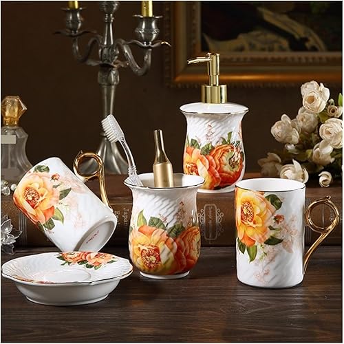 Miniatura 6 de Decoración de baño de tocador, juego de accesorios de baño de lujo ligero, 5 piezas, accesorios de baño de cerámica, estilo retro europeo, juego