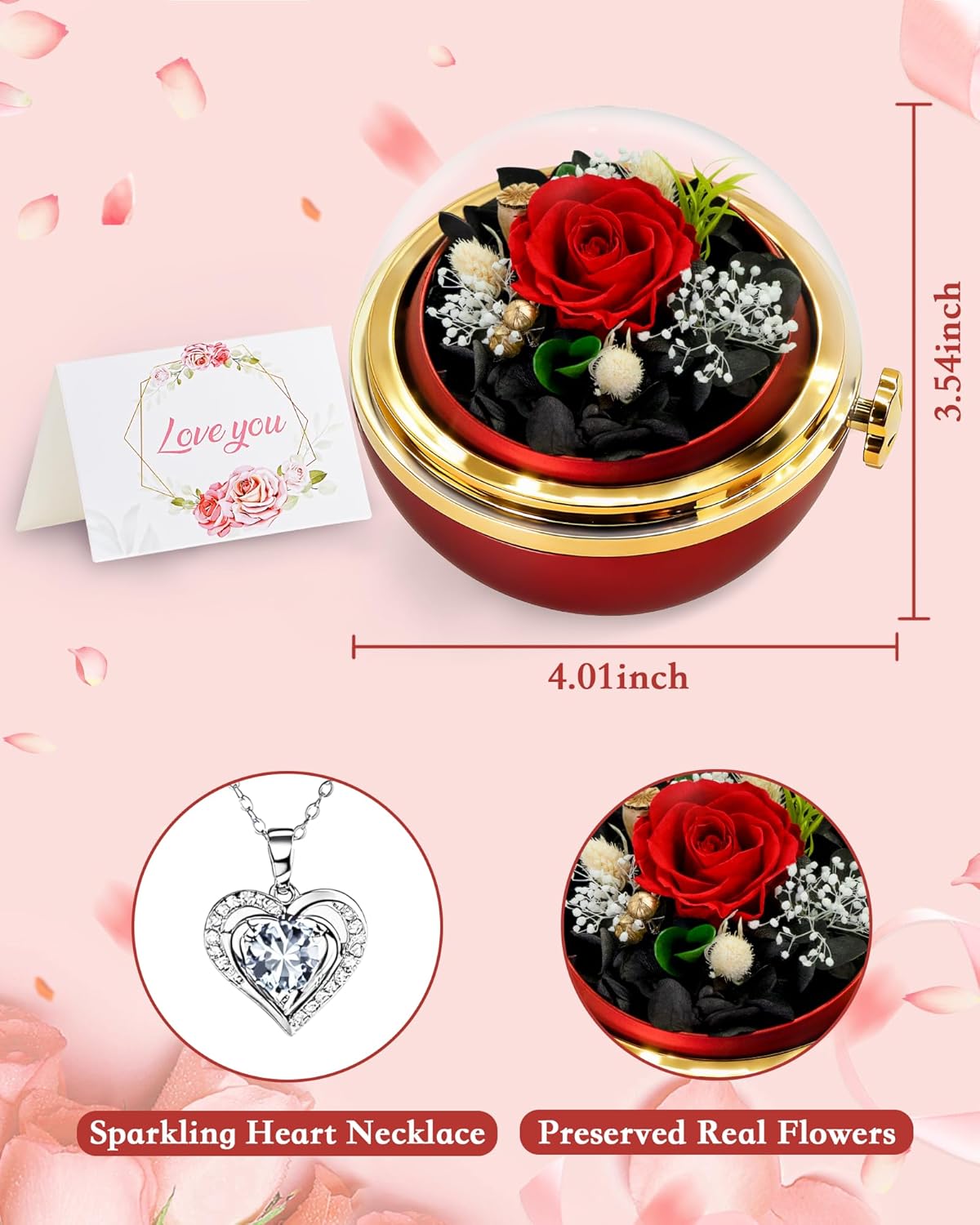 HVY Birthday Gifts for Women Preserved Real Rose with Necklace Forever Flowers Gifts for Mom Wife Girlfriend Grandma Eternal Rose Present on Valentines Mothers Day Christmas Anniversary Romantic-Red - Image 5