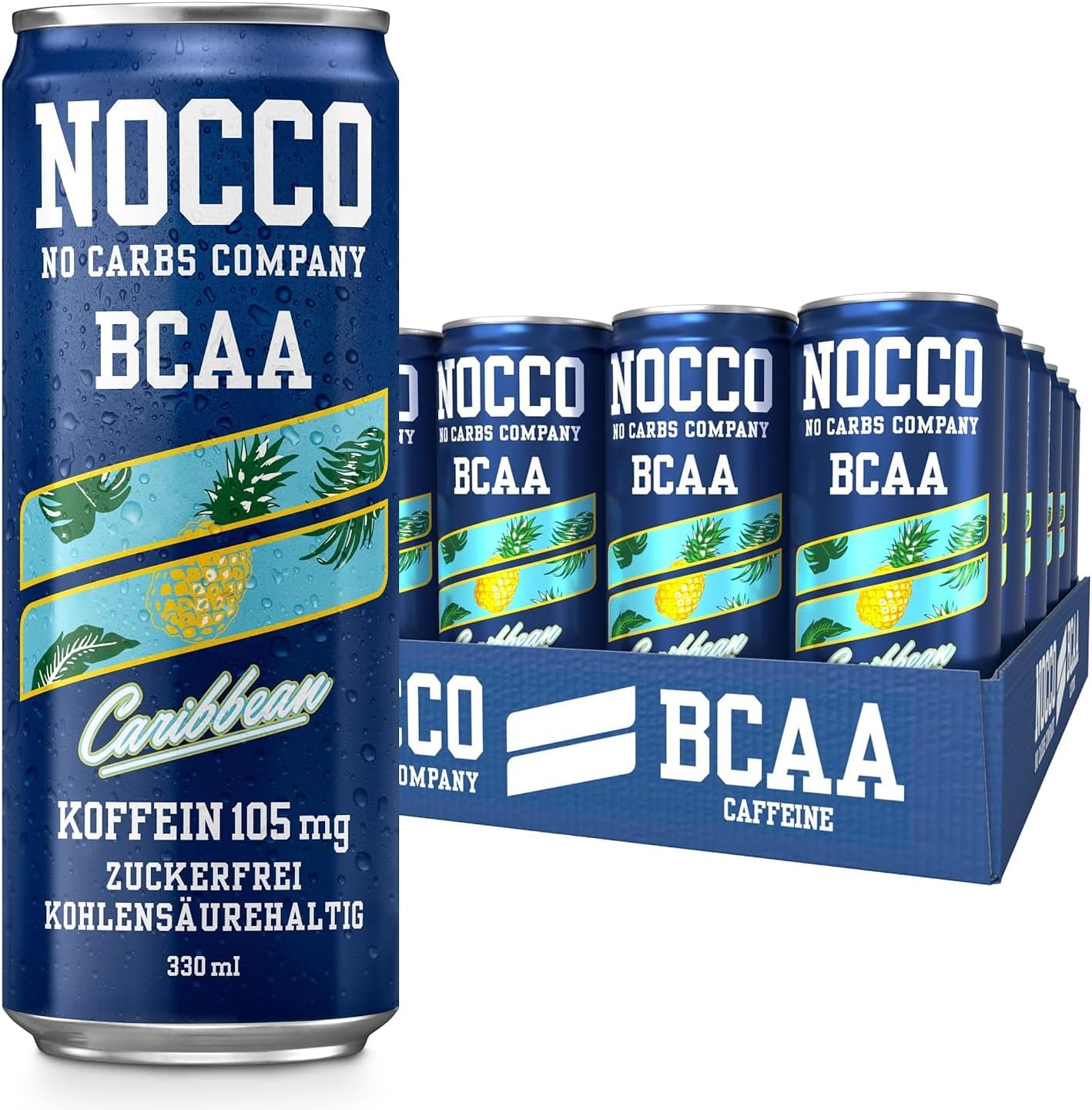 NOCCO BCAA Caribbean 12 x 330ml | Proteinreiches Energy - Getränk ohne Zucker | No Carbs Company | Vitamin- und Koffein-Boost | Kohlensäurehaltige Sportgetränke für Muskelleistung und - regeneration