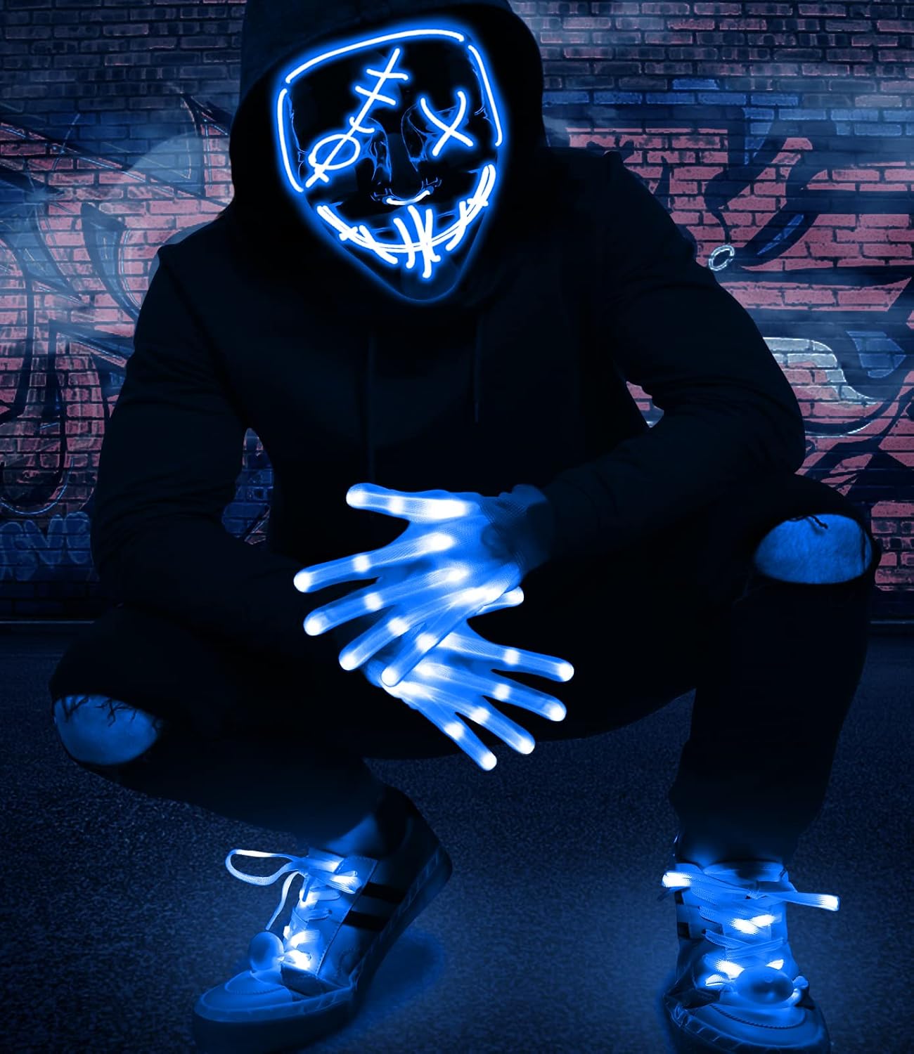 Camlinbo 3 Set Halloween LED Mask Light Up Gloves and Glow Shoelaces Scary Mask Halloween Costume Cosplay Party for Adult Kid