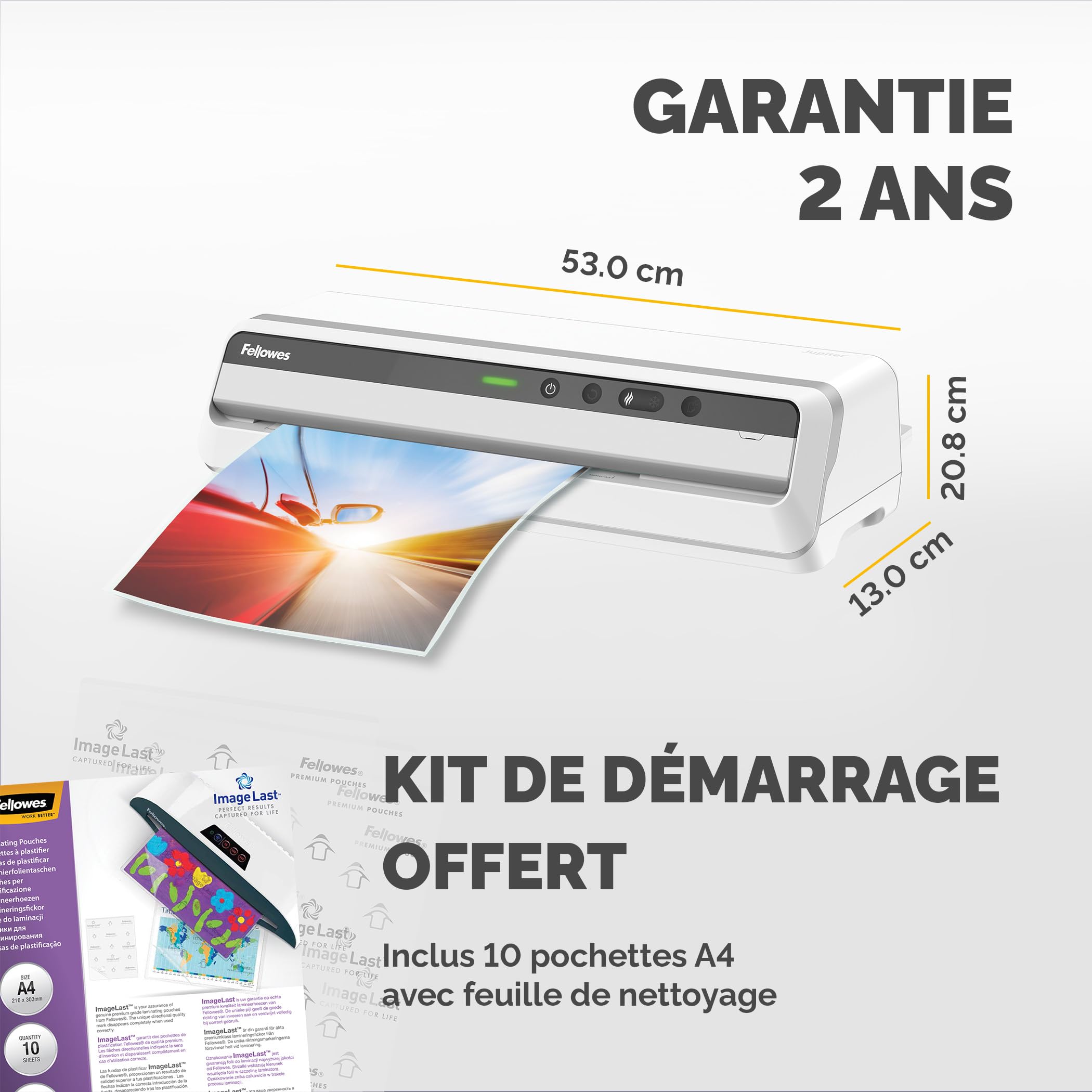 Fellowes Plastifieuse Jupiter A3, pour plastifier à chaud des pochettes de 80 à 250 microns, usage intensif, marche arrière automatique, comprend 10 pochettes de plastification, blanc | Plastification à chaud 80-250 microns, Usage intensif, Marche arrière