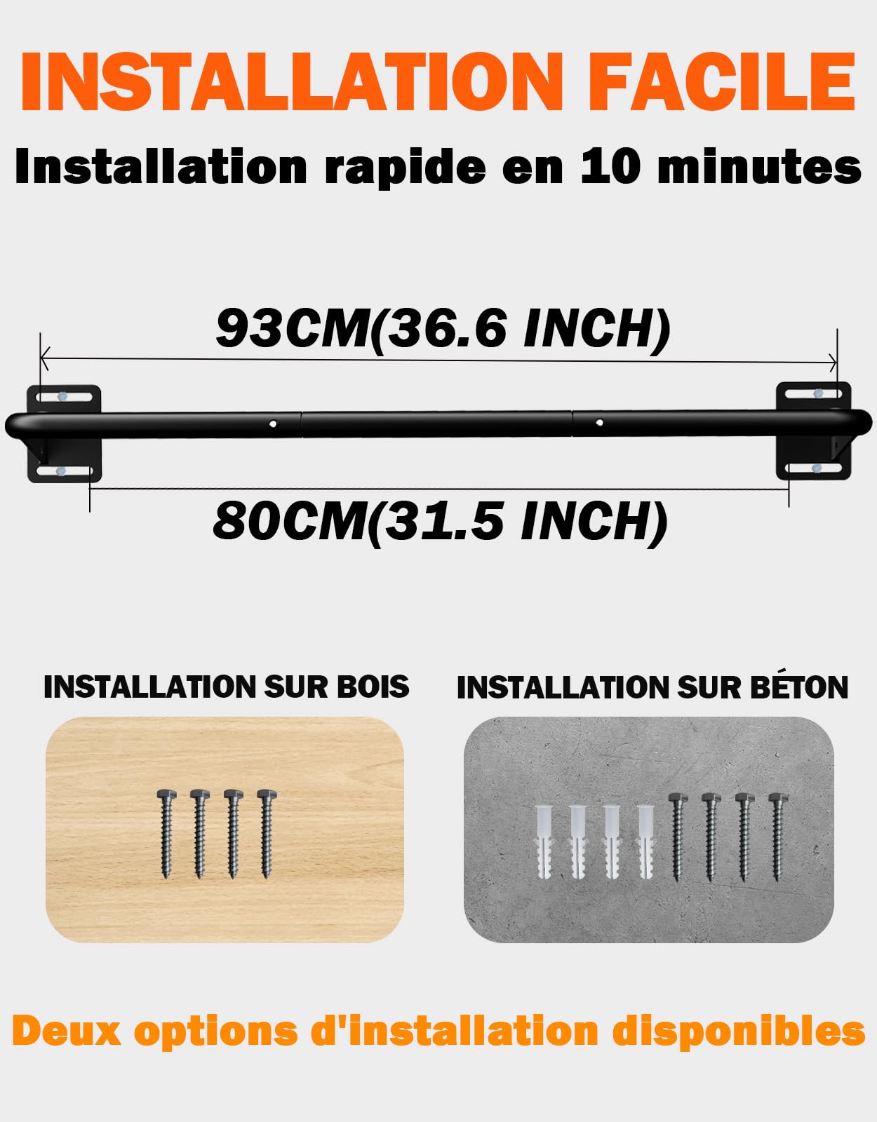 Fitarc Barre de traction murale robuste, barre de traction pour porte, construction en acier, équipement de gym pour la maison