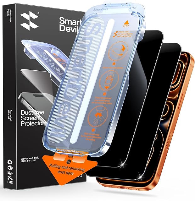 SMARTDEVIL 2 Emballage Verre trempé pour iPhone 17 Pro Protection de la vie privée Protecteur d'écran, Anti-Spy Privacy Film, Protection anti-stress militaire, 9H Dureté, rapide & Installation facile, conception facile pour les cas