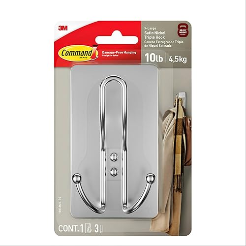 Command X-Large Satin Nickel Triple Hook, 1 Hook, 3 Strips, Damage-Free Hanging with Adhesive Strips, No Tools Wall Hook for Hanging Decorations in