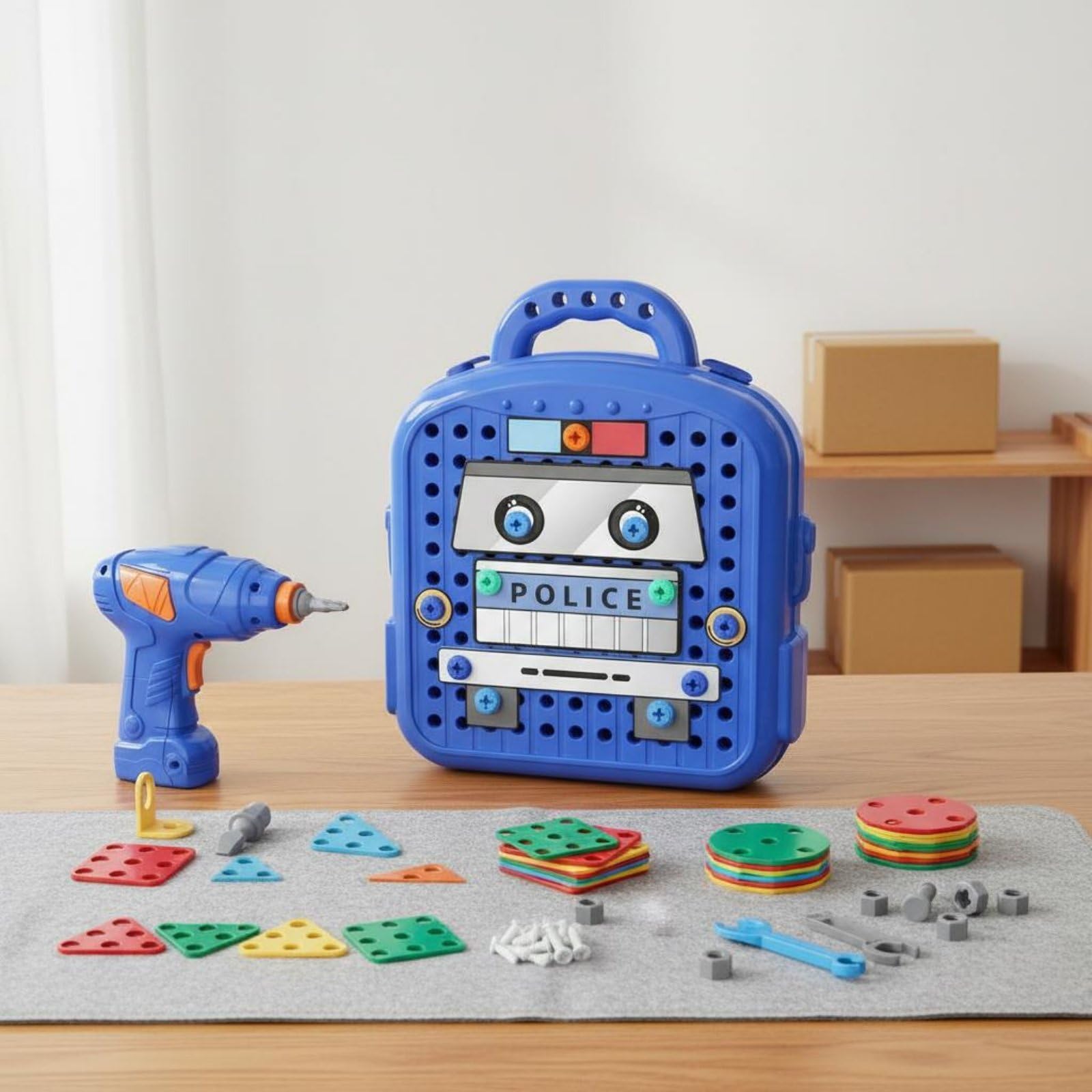 Kinder Werkzeugbank Set Werkzeugkasten Schraubendreher Bohrmaschine Schraubenschlüssel aus mit 2 in 1 Werkbank Und Sitz für Vorschule Rollenspiel Geschenk Zuhause, Orange, Elektrisch