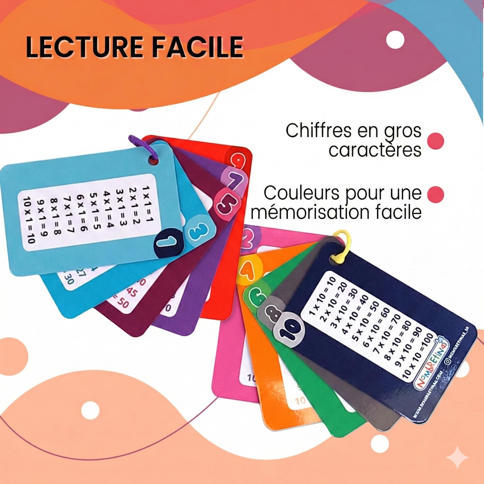 Jeu De Cartes De Multiplication Pour Enfants – 13 Cartes + 2 Marqueurs Effaçables + 2 Anneaux – Apprentissage Ludique Et Portable – Tables Colorées – Dès 7 Ans