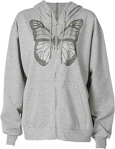 Women Casual Zip Up Y2K Hoodie Long Sleeve Butterfly Printed Athletic Jacket Coat Gothic Punk 