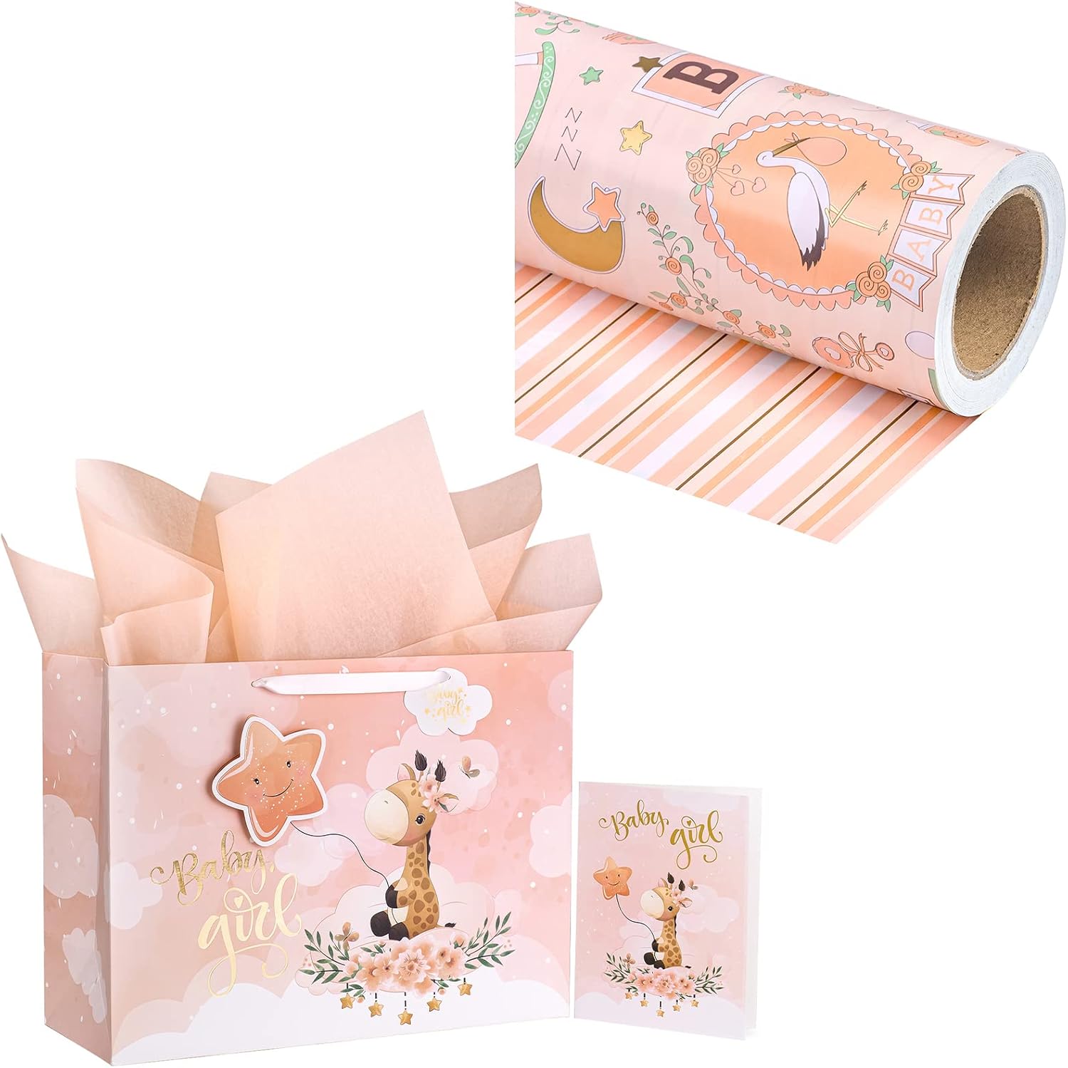 WRAPAHOLIC 16" Extra Large Baby Girl Gift Bag with Card and Tissue Paper & Baby Girl Reversible Wrapping Paper Roll