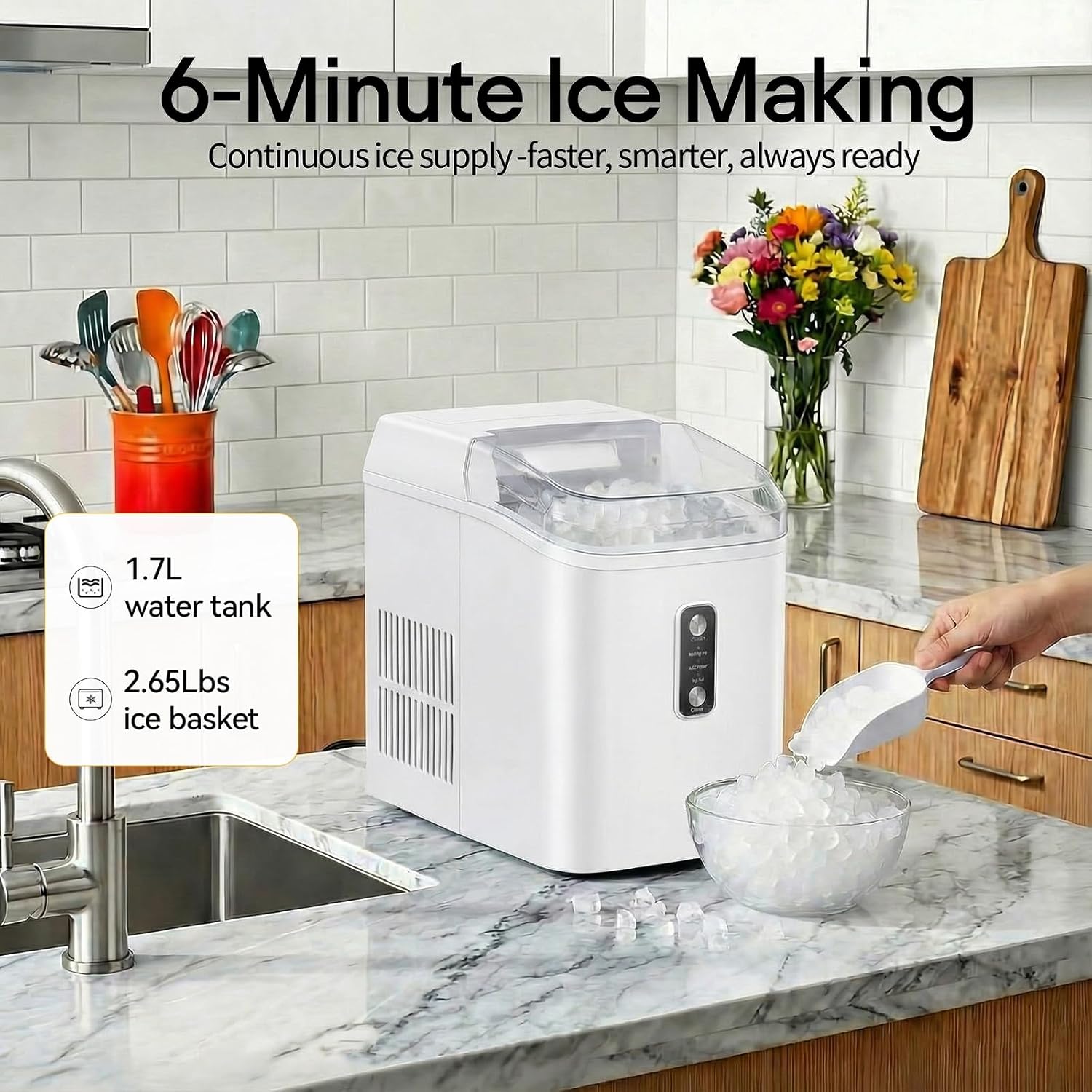 Nugget Ice Maker Countertop, Portable Ice Makers Machine with Removable Basket and Scoop, Self-Cleaning, Quiet, 6-Min Ready, 24lbs in 24Hrs, Visible, for Home, Party, RV, Camping, White