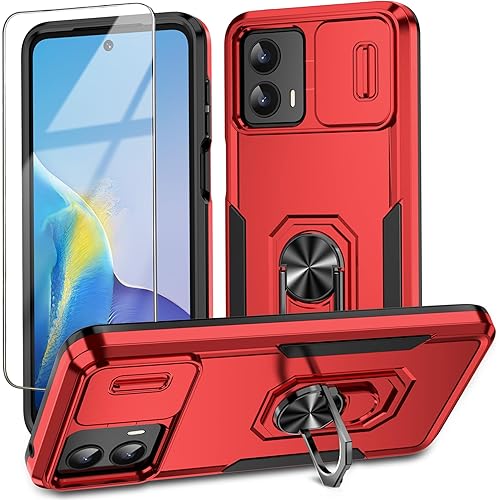 for Motorola Moto G 5G 2023 Case with Slide Camera Cover + Tempered Glass Screen Protector,[Full Camera Protection] [Ring Kickstand] Military Grade Shockproof Full Body Protective Cover-Red