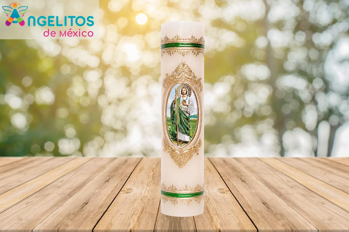 Angelitos de Mexico Saint Jude Decorative Prayer Candle, Ivory Wax with Gold and Green Ornate Accents, Religious Candle, Glass-Free Devotional Candle Cirio Hecho a Mano