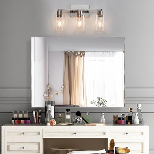 Miniatura 7 de Luces de tocador de 3 luces, luz de tocador de níquel cepillado, con pantalla de vidrio transparente para accesorios de baño, lámparas de baño sobre