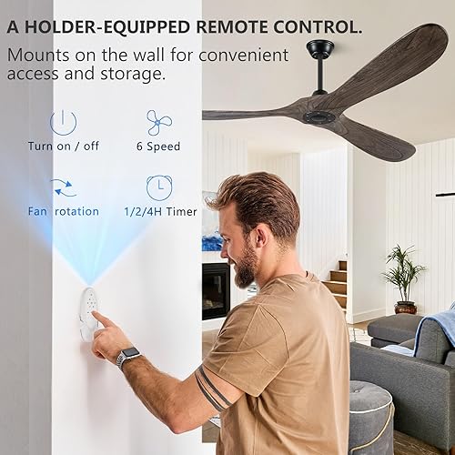 Miniatura 2 de Eliora Ventiladores de techo de 52 pulgadas sin luces, ventilador de techo de madera sin luz con control remoto, ventilador de techo grande para