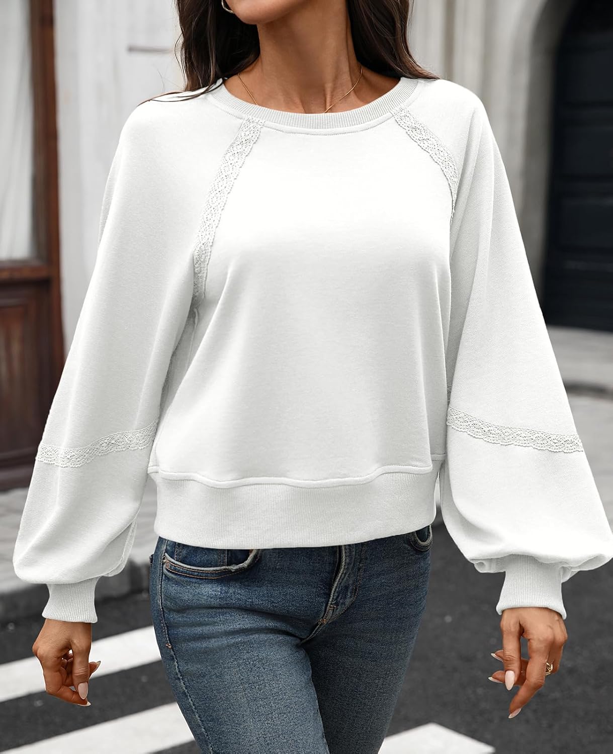 Women's Cropped Sweatshirt Oversized Lace Lantern Long Sleeve Crewneck Cotton 2025 Loose Fit Pullover - Image 4