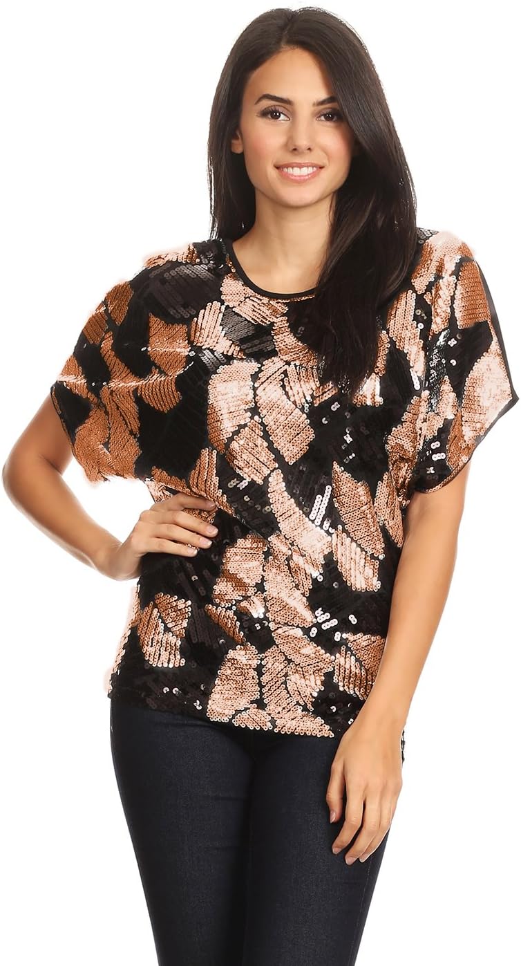 Anna-Kaci Womens Loose Fit Sequin Dolman Sleeve Evening Blouse Top