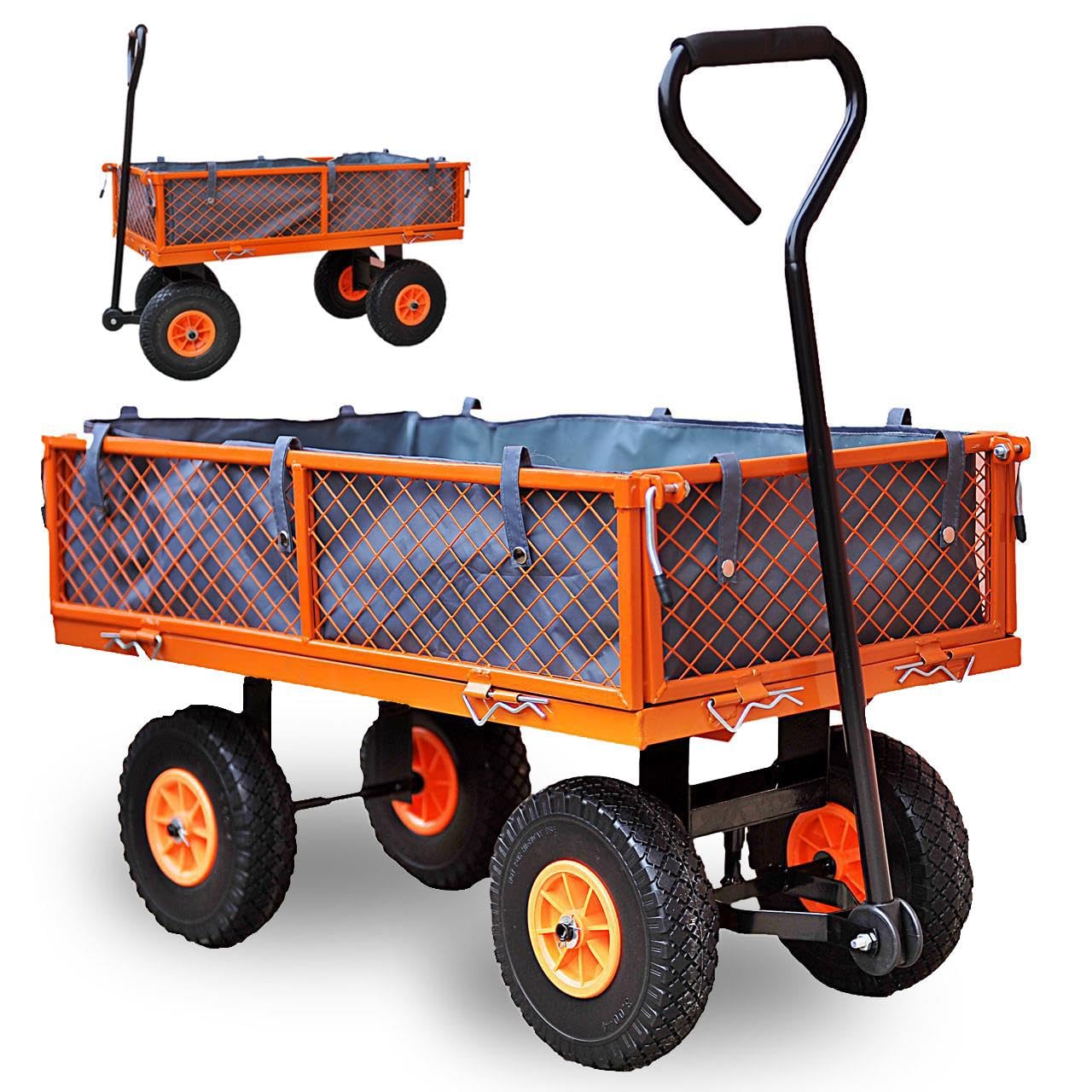 Carretilla de jardín FUXTEC FX-GW350 con Paredes Laterales abatibles para Cierre rápido, Carga máxima de 150 kg, neumáticos XXL, Lona Interior de poliéster práctica y manejable.