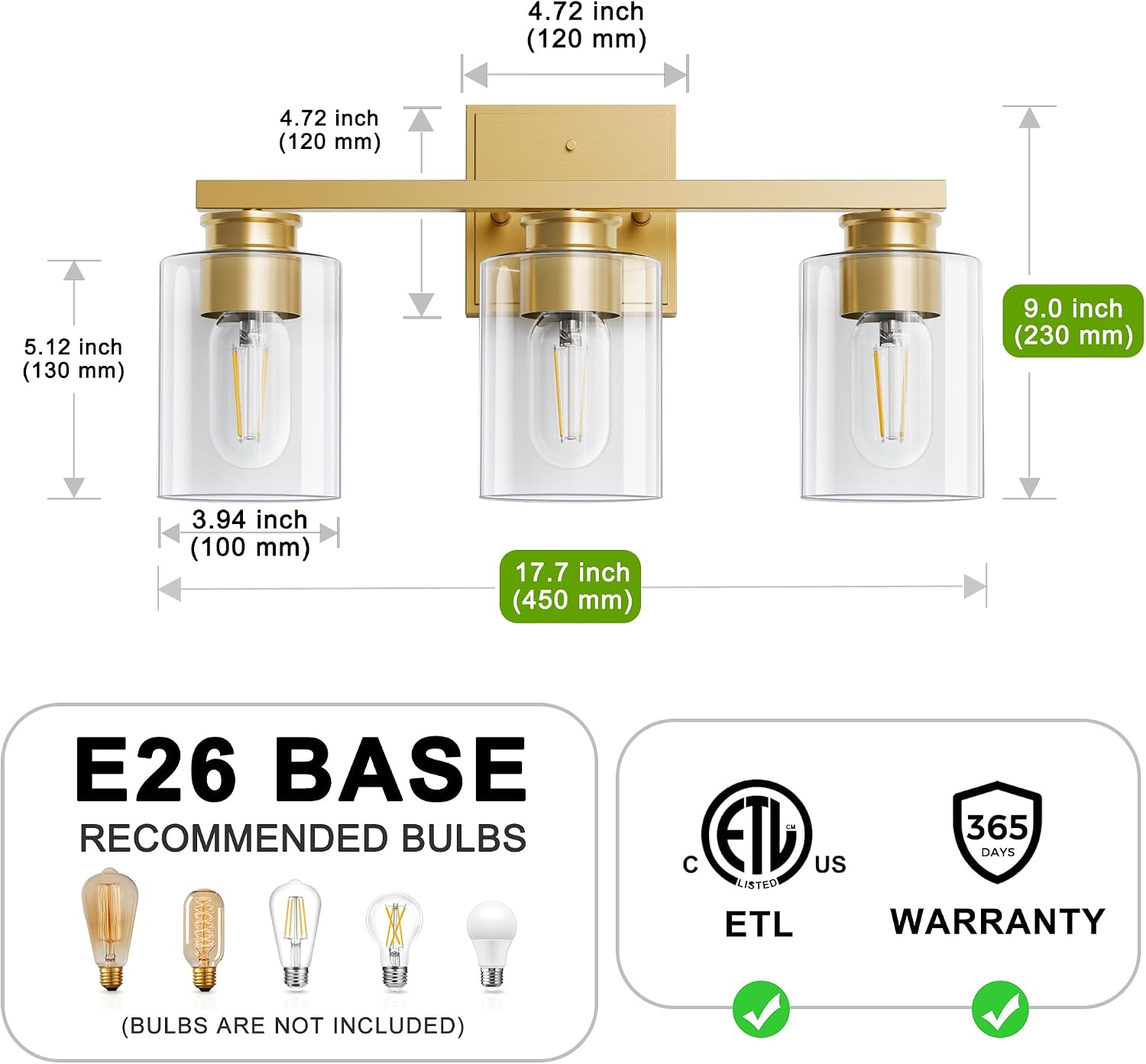 L LOHAS LED 3-Light Bathroom Light Fixtures Over Mirror, 17.7-Inch Gold Bathroom Vanity Light with Clear Glass Shade, Modern Vanity Lights for Bathroom Hallway Living Room Bedroom, E26, UL Listed