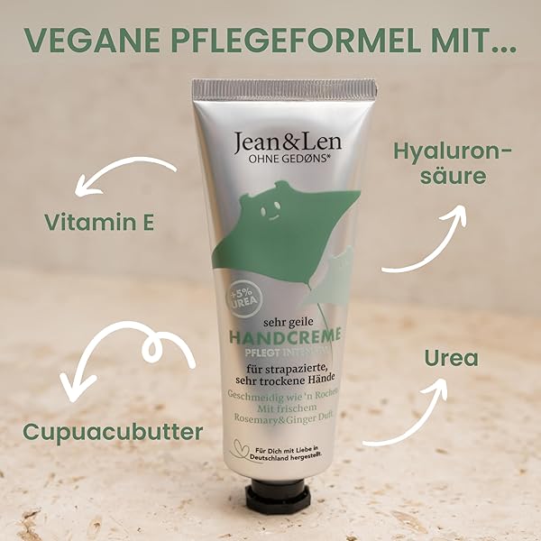 Besuche den Jean & Len- Jean & Len Sehr geile Handcreme Rosemary & Ginger, mit Urea, Handpflege für trockene und rissige Hände, spendet Feuchtigkeit und pflegt intensiv, ohne Parabene & Silikone, Handcreme Tube, vegan, 75 ml in use